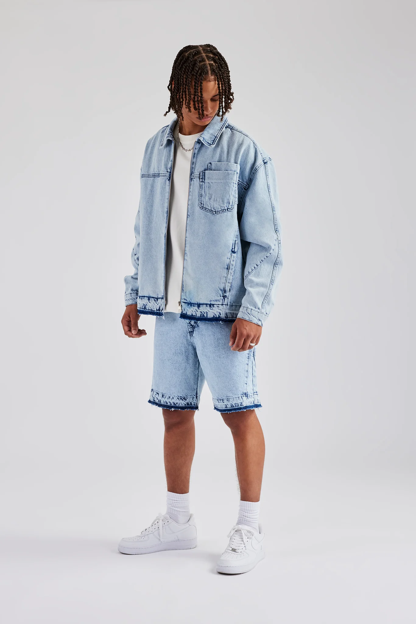 Denim Zip Jacket & Panelled Short Set - Light Blue - Image 2