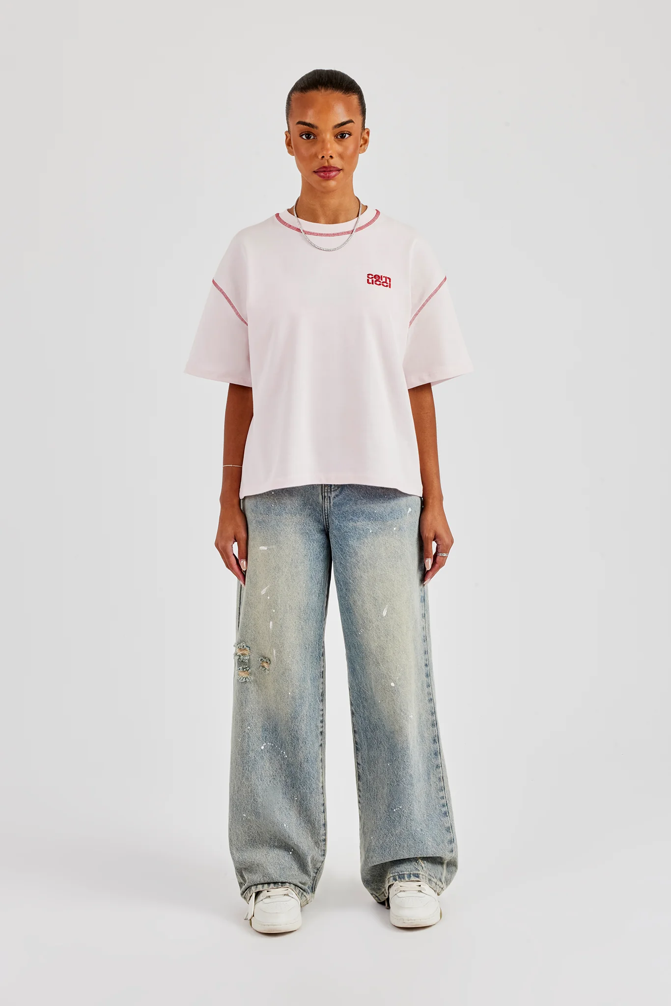 Diamond Cut Contrast Stitch T-Shirt - Baby Pink - Image 2