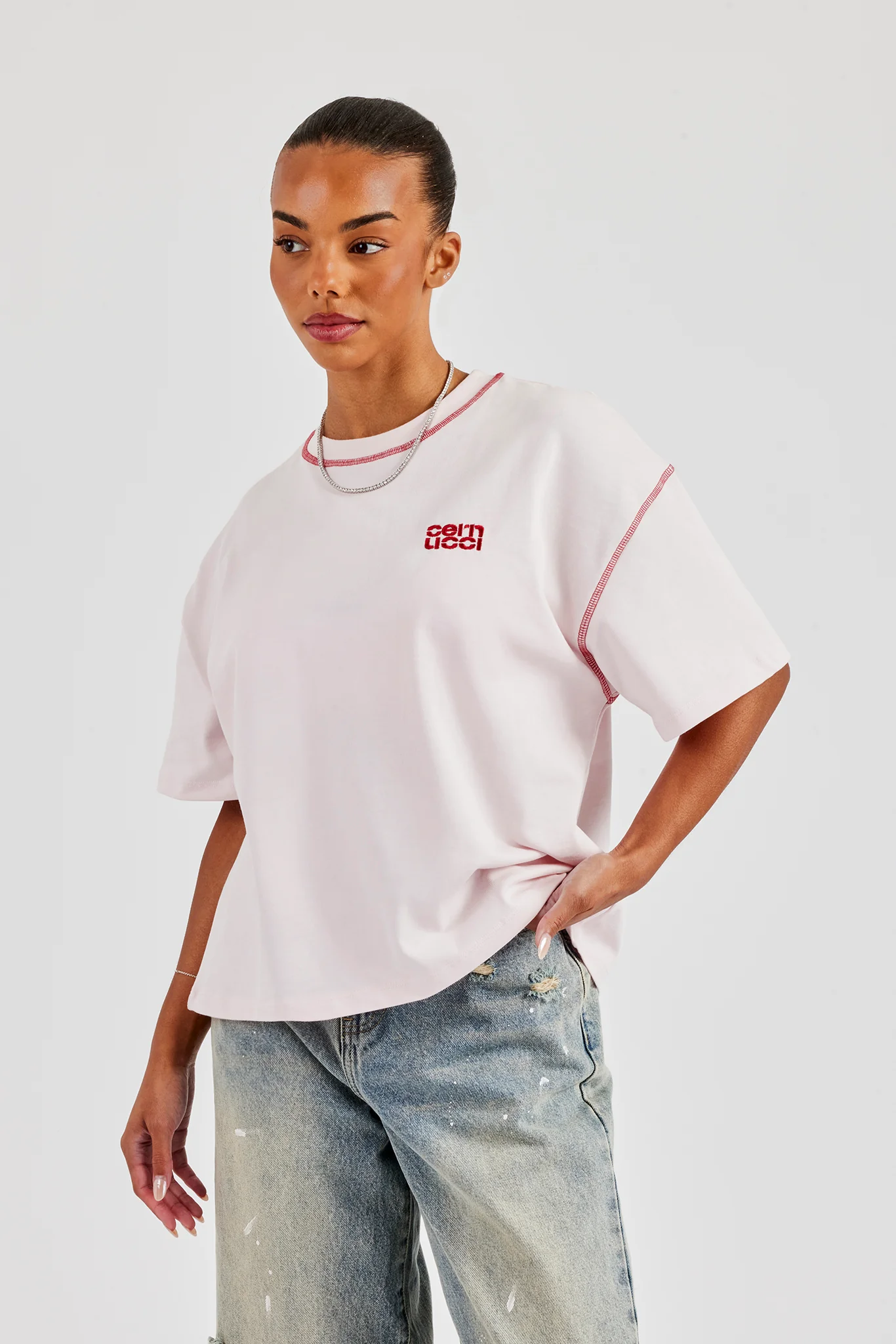 Diamond Cut Contrast Stitch T-Shirt - Baby Pink - Image 3