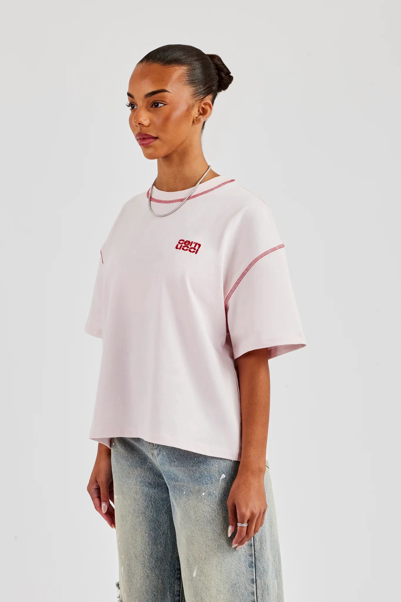 Diamond Cut Contrast Stitch T-Shirt - Baby Pink - Image 4