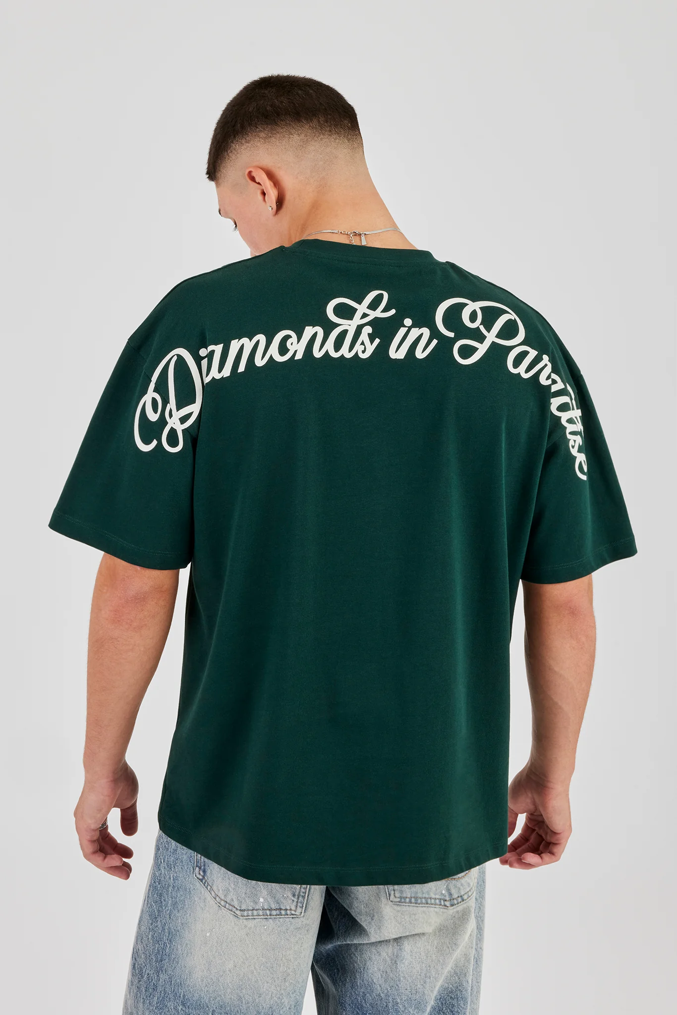 Diamonds Back Print Oversized T-Shirt - Forest Green