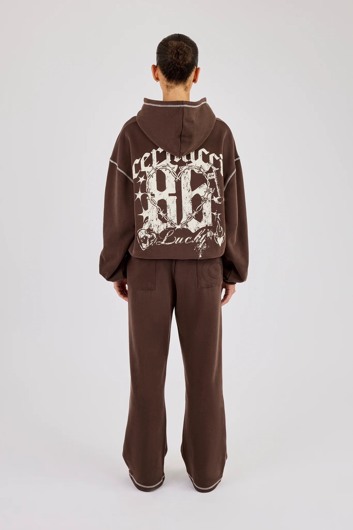 Distressed 86 Oversized Hoodie & Wide Leg Jogger - Chocolate - Image 2