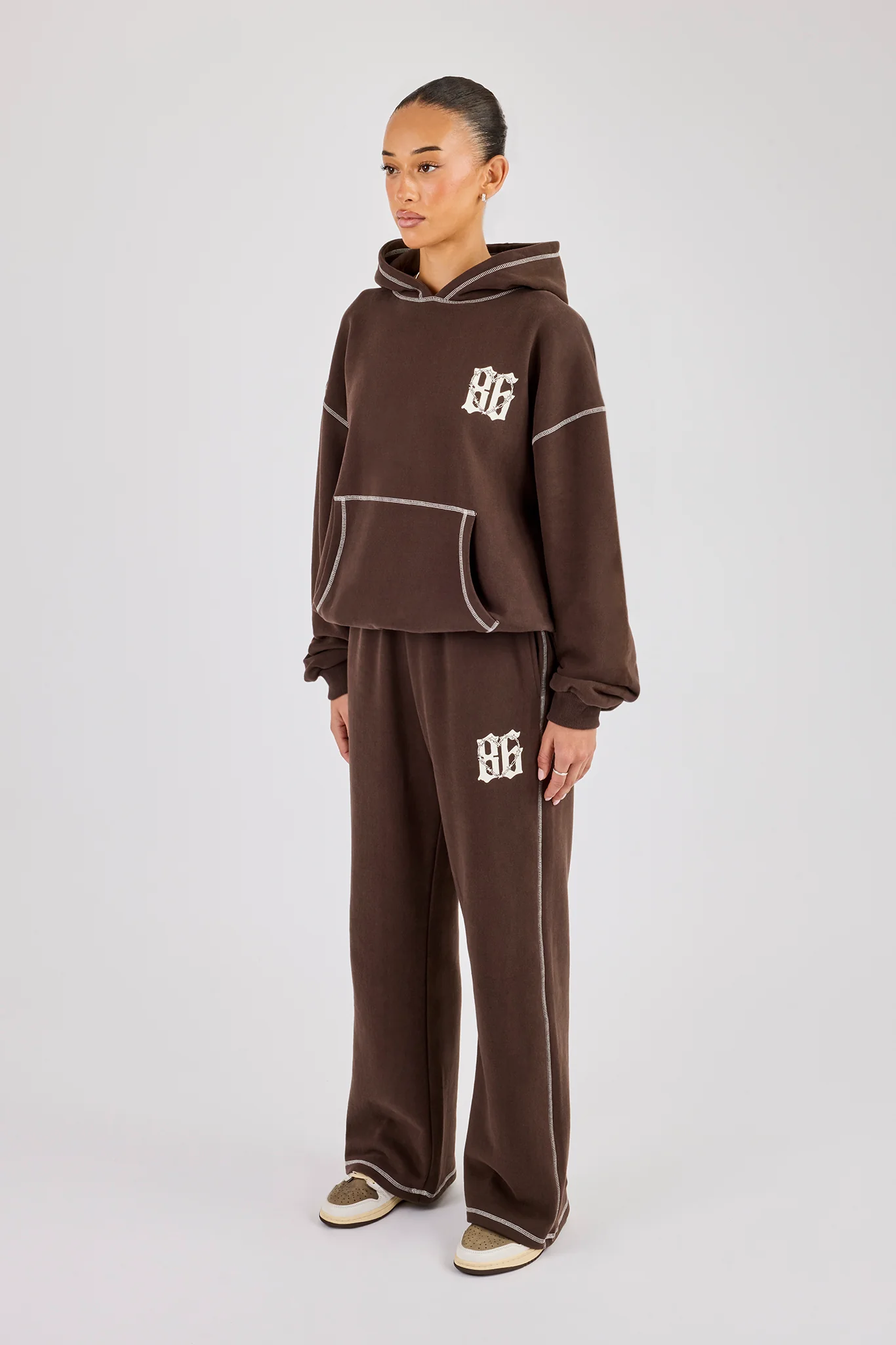 Distressed 86 Oversized Hoodie & Wide Leg Jogger - Chocolate - Image 3