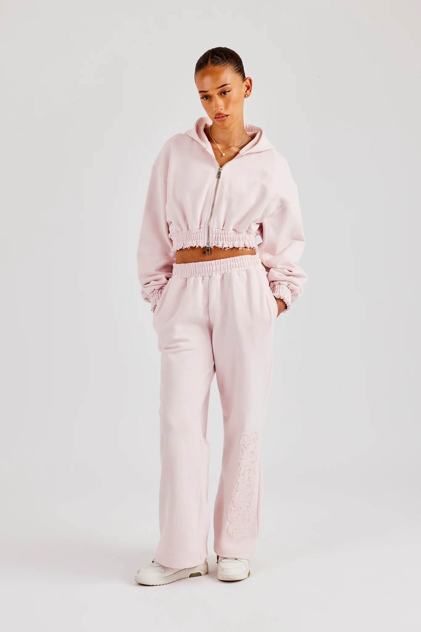 Distressed Applique Cropped Hoodie - Baby Pink - Image 3