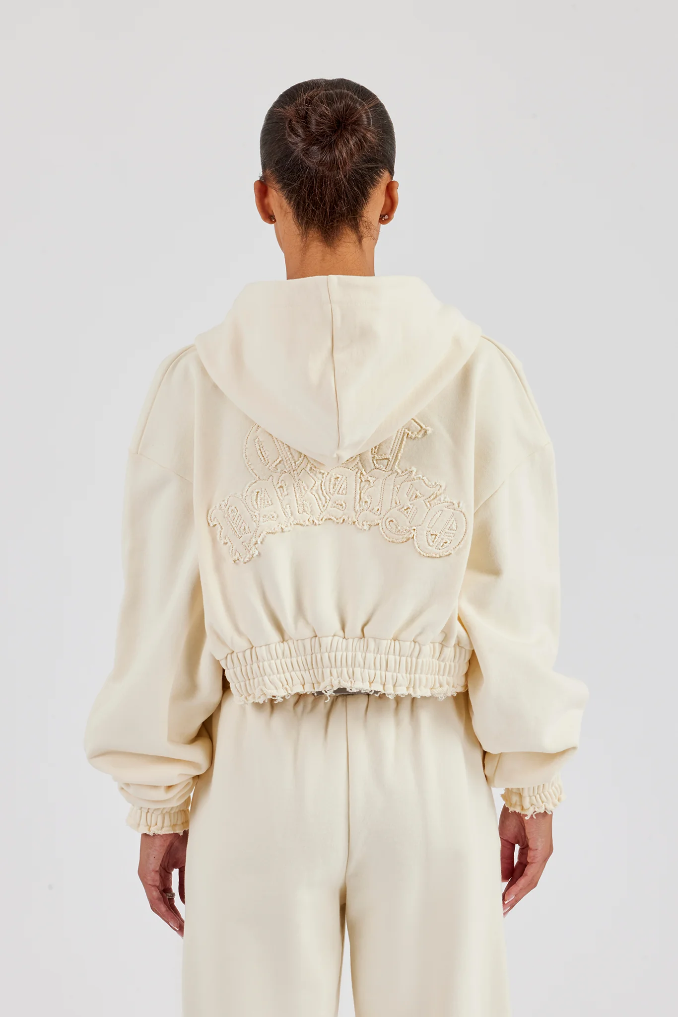 Distressed Applique Cropped Hoodie - Butter Yellow - Image 4