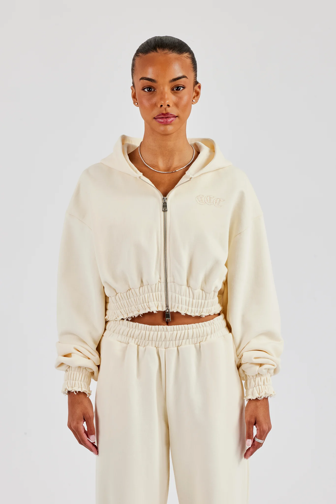 Distressed Applique Cropped Hoodie - Butter Yellow - Image 5