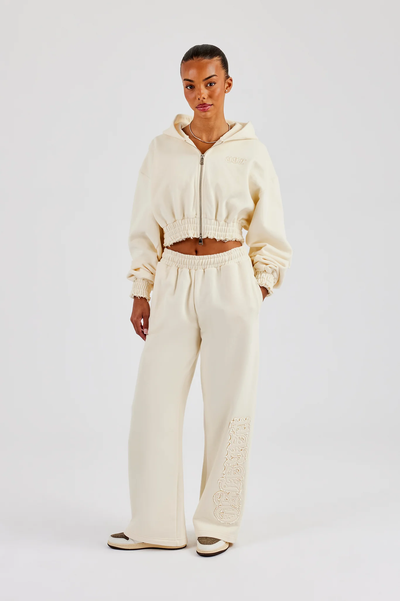 Distressed Applique Cropped Hoodie - Butter Yellow - Image 7