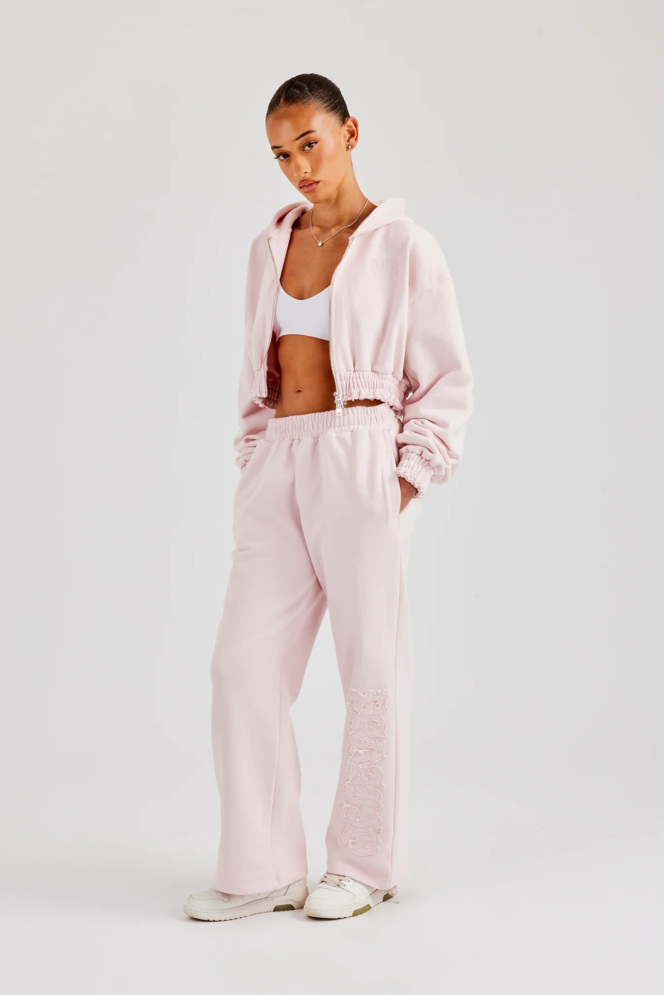 Distressed Applique Cropped Tracksuit - Baby Pink