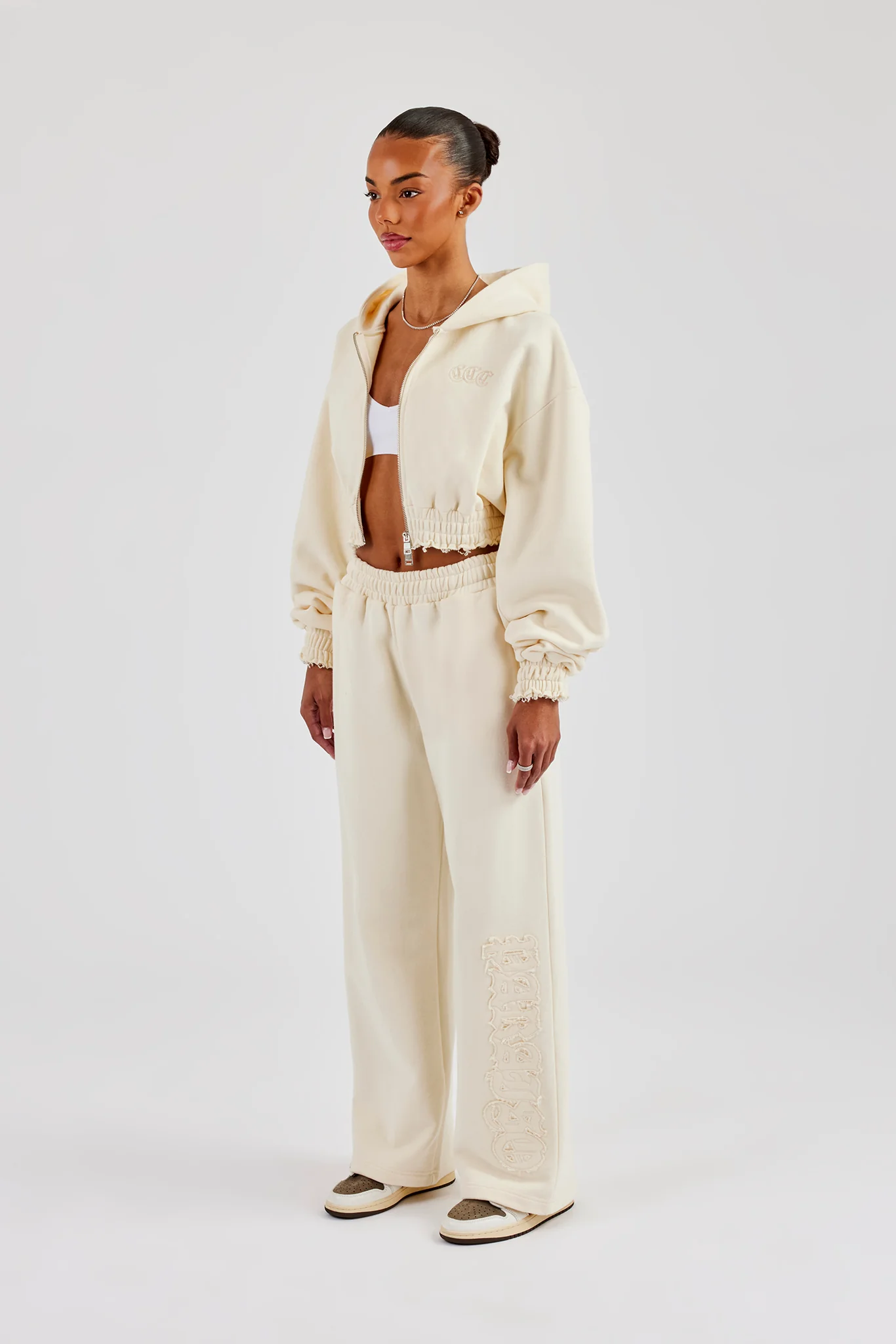 Distressed Applique Cropped Tracksuit - Butter Yellow - Image 4