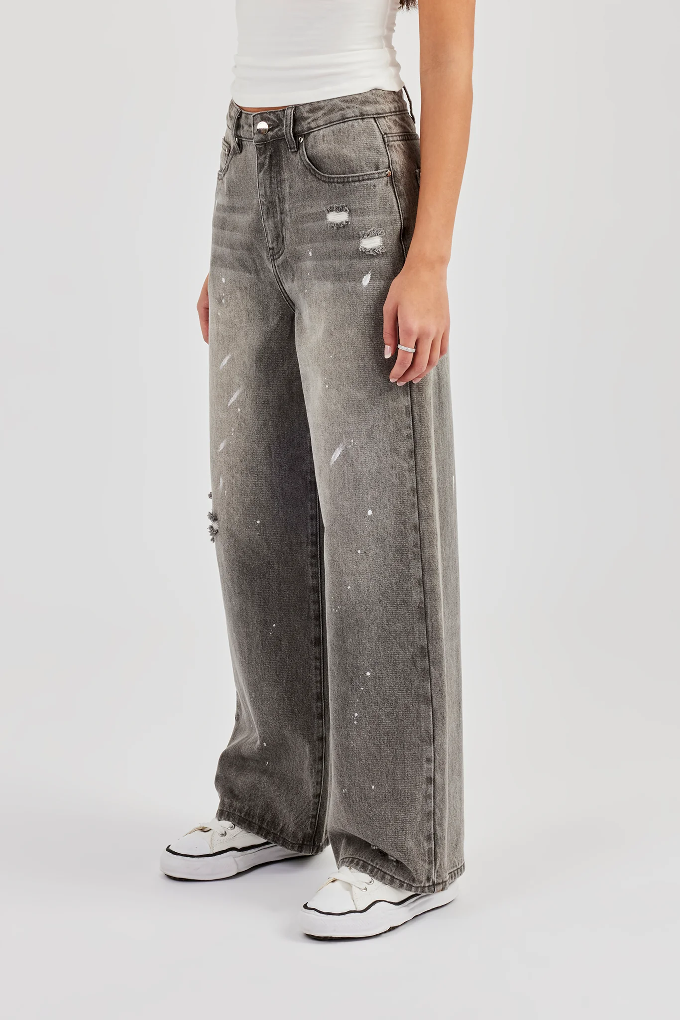 Distressed Paint Splatter Baggy Jean - Washed Grey