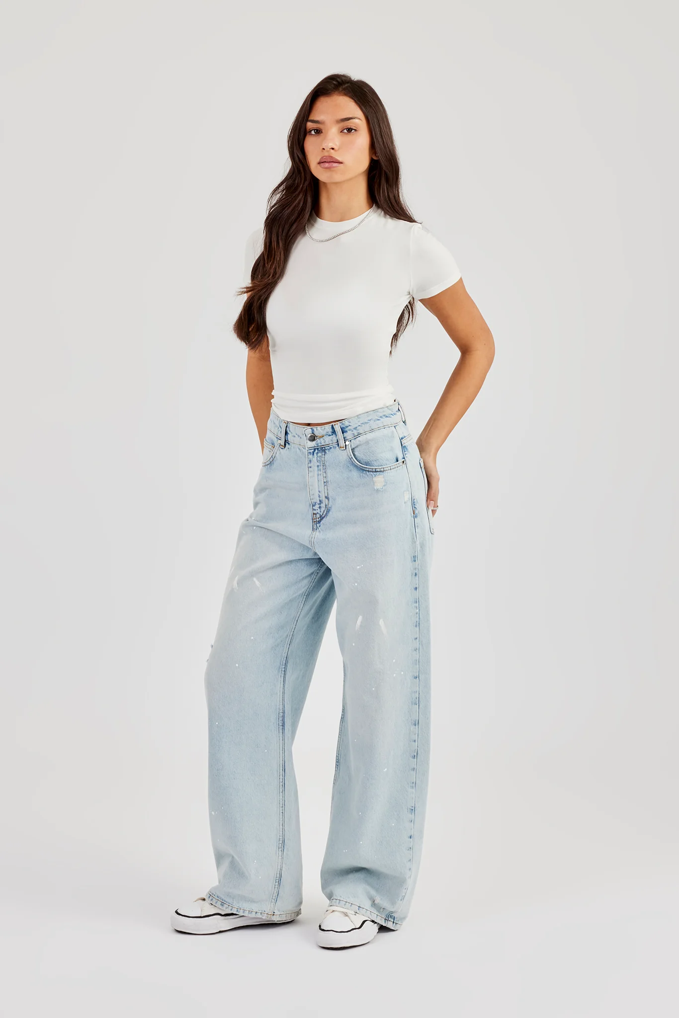 Distressed Paint Splatter Jean - Ice Blue - Image 4