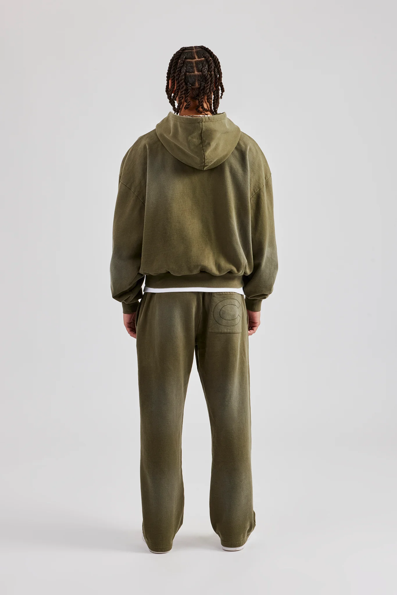 Distressed Zip Through Hoodie & Straight Leg Jogger - Washed Green - Image 3