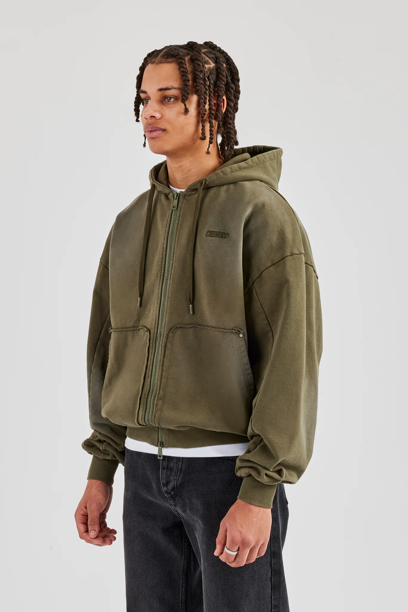 Distressed Zip Through Hoodie - Washed Green - Image 2