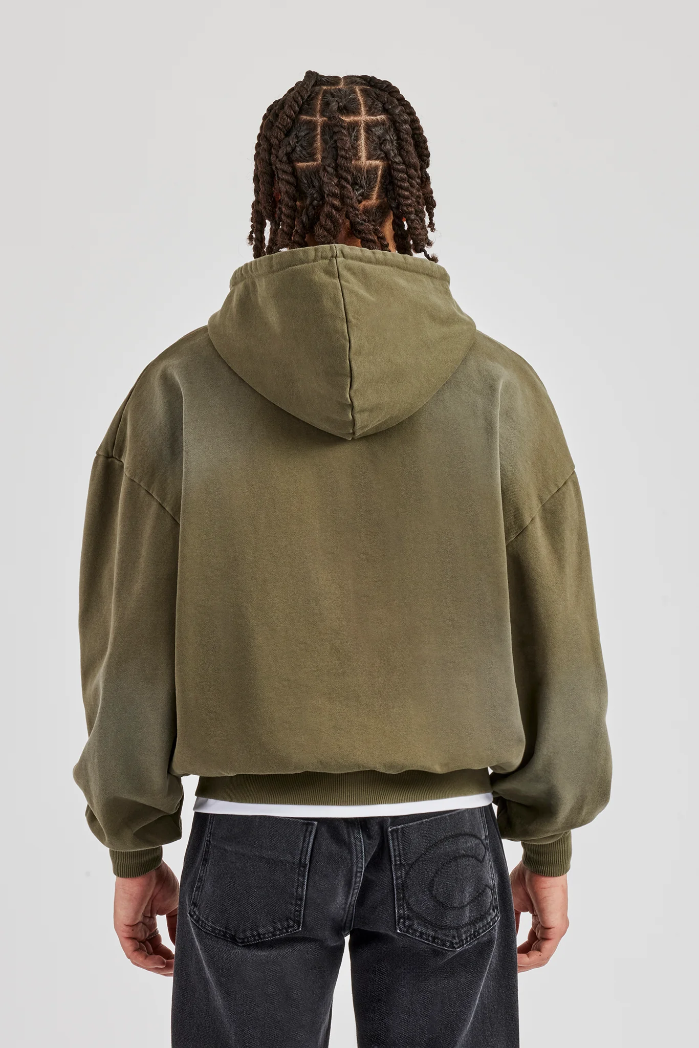 Distressed Zip Through Hoodie - Washed Green - Image 3