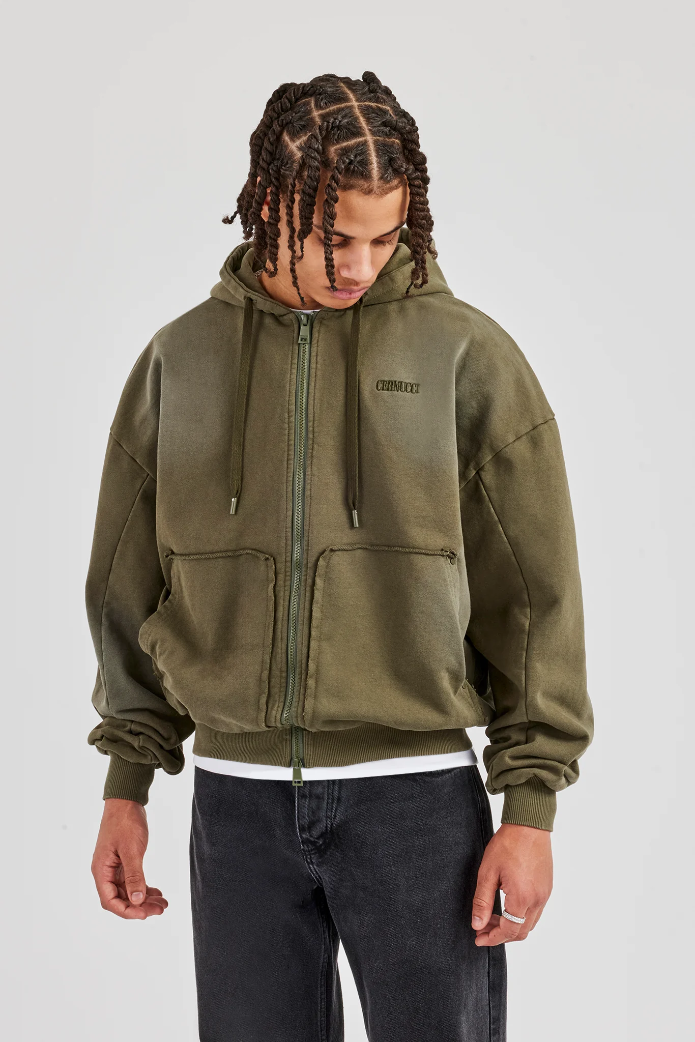 Distressed Zip Through Hoodie - Washed Green - Image 4