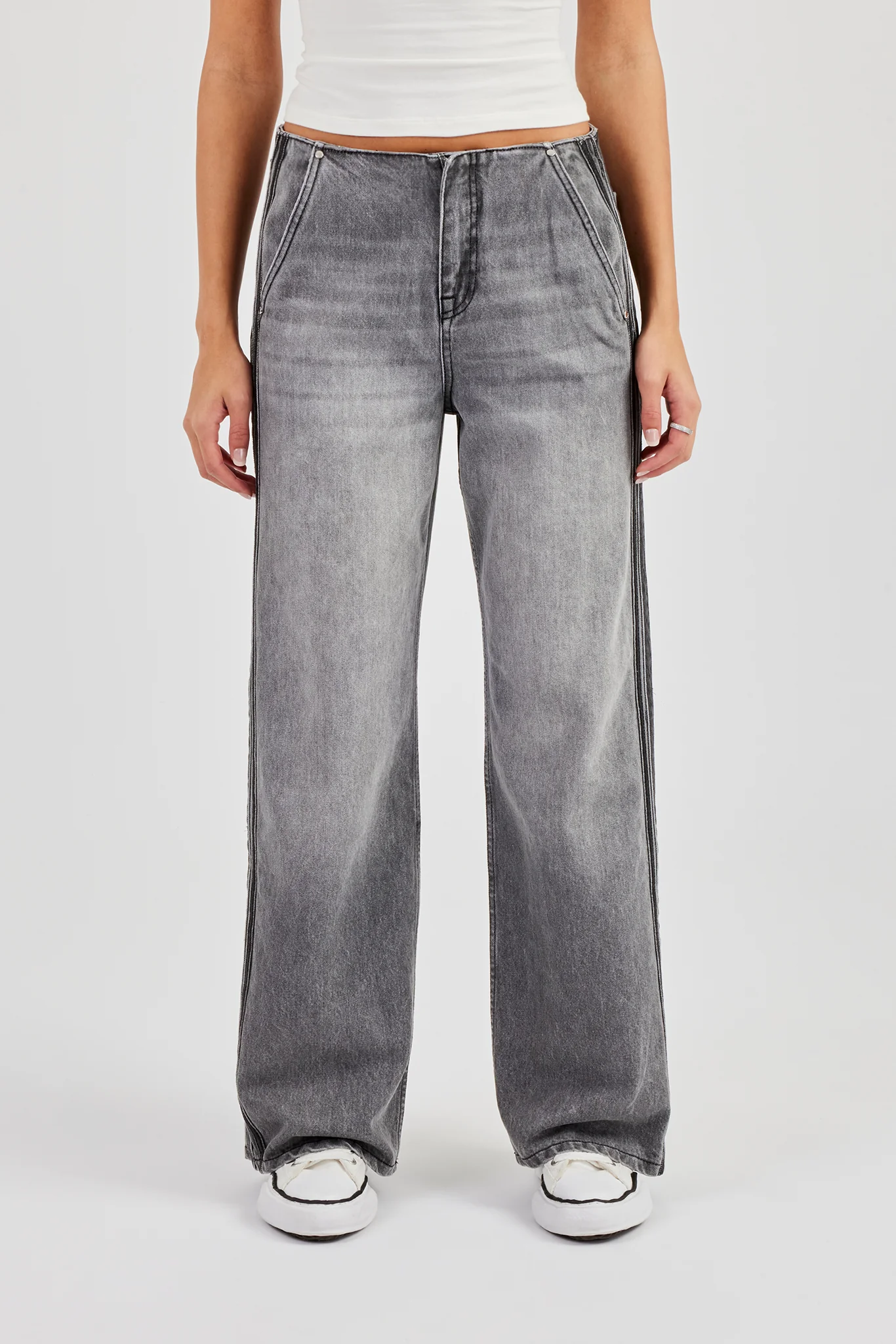 Double Stripe Baggy Jean - Washed Grey - Image 2
