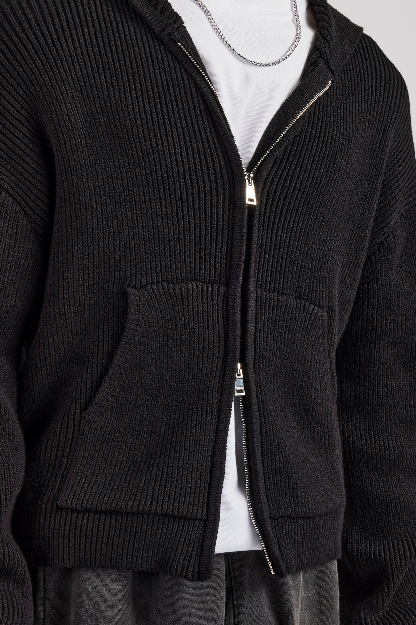 Dual Ended Knitted Zip Hoodie - Black - Image 2