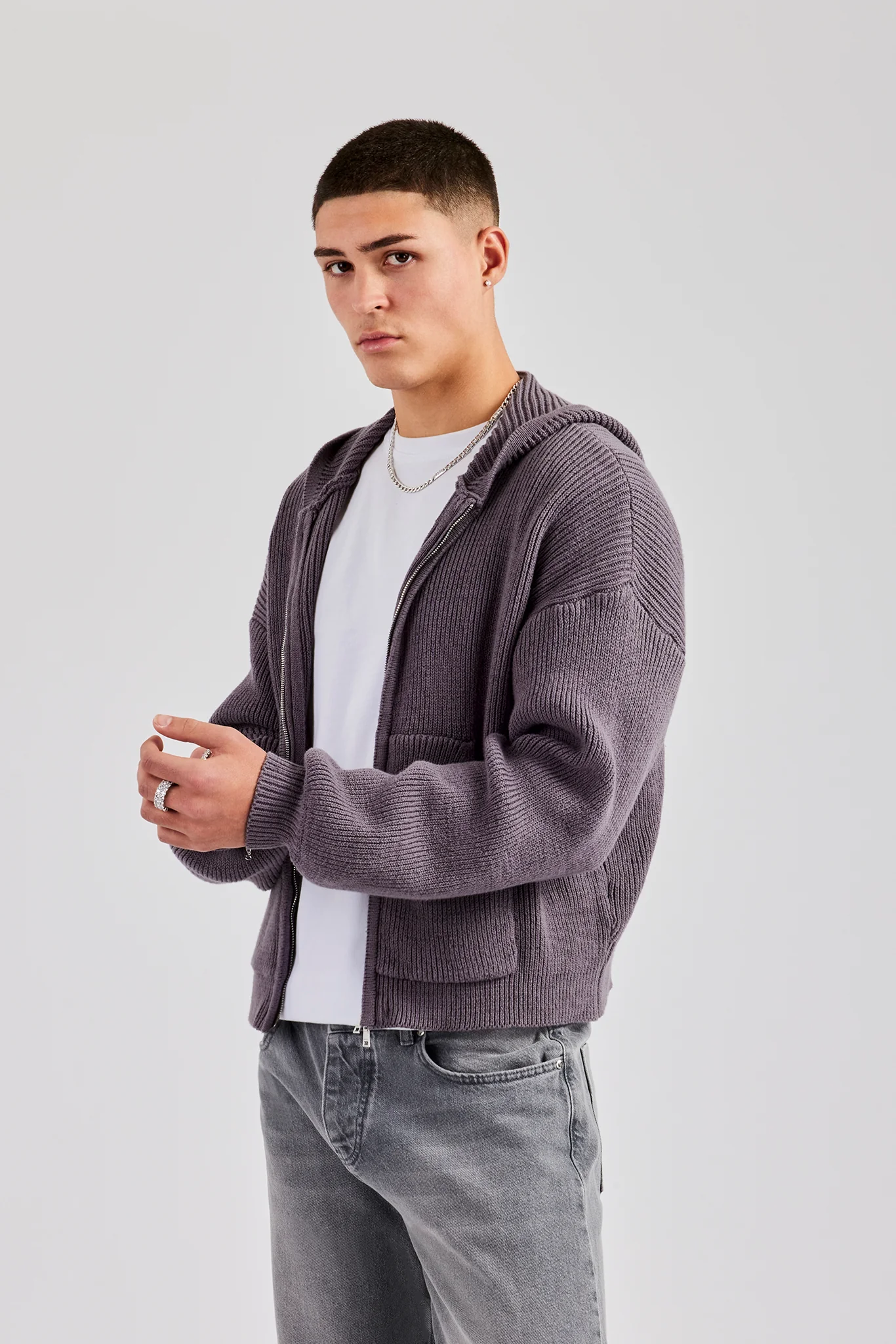 Dual Ended Knitted Zip Hoodie - Charcoal - Image 4