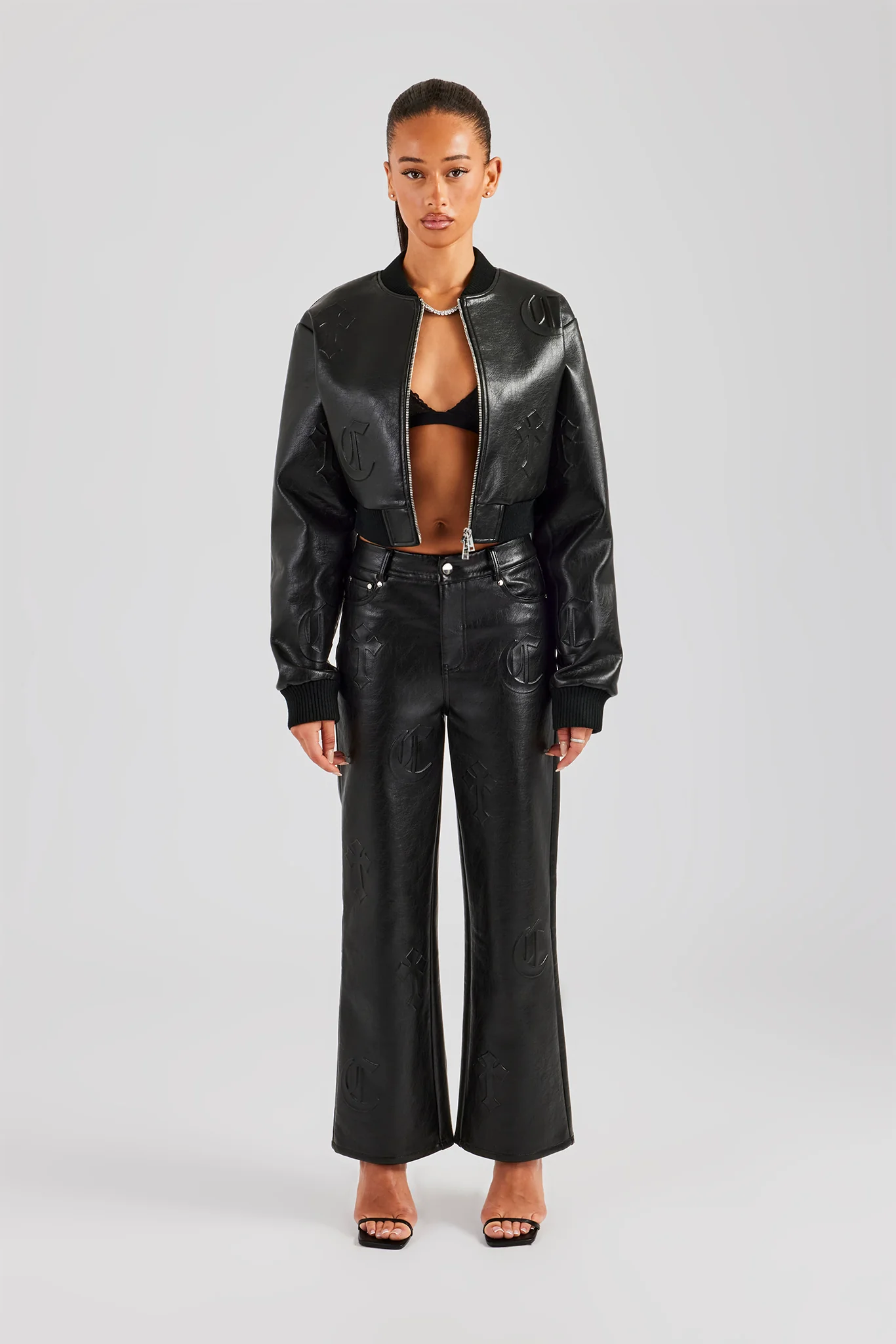 Embossed Cross PU Bomber & Straight Leg Trouser Set - Black - Image 2