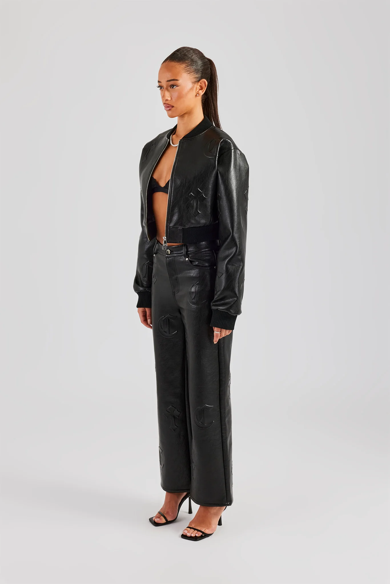 Embossed Cross PU Bomber & Straight Leg Trouser Set - Black - Image 3