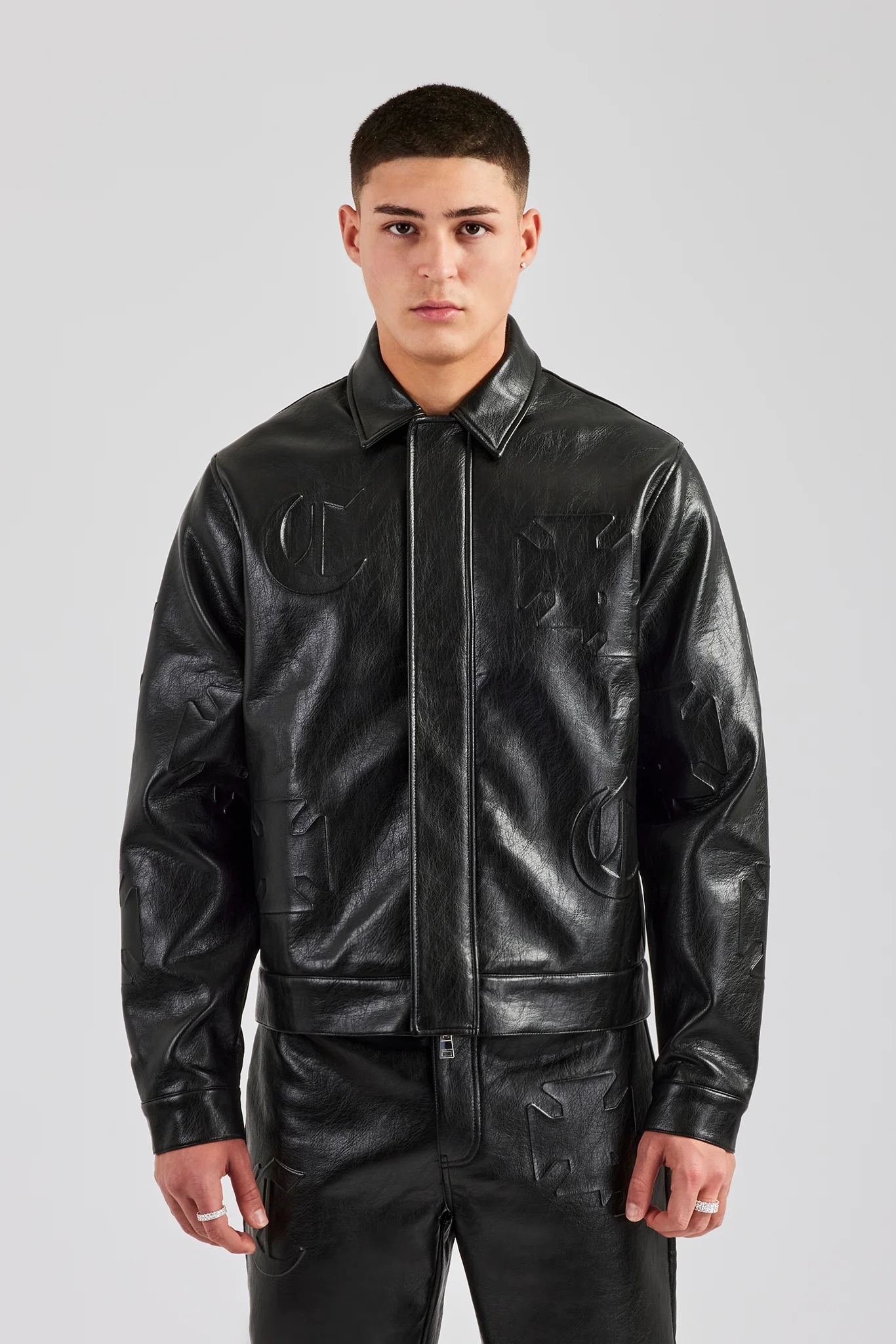 Embossed Motif PU Harrington Jacket - Black - Image 2