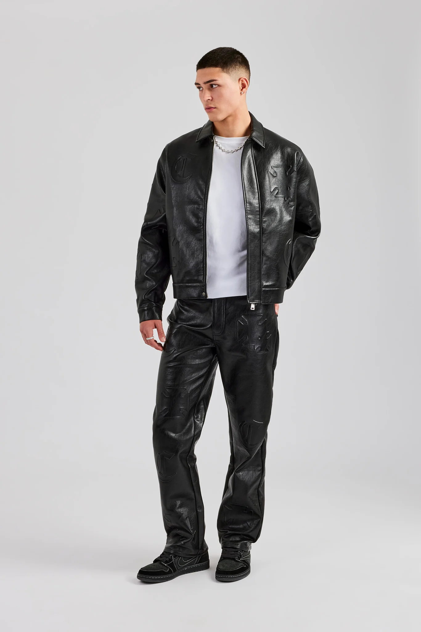 Embossed Motif PU Harrington Jacket - Black - Image 4