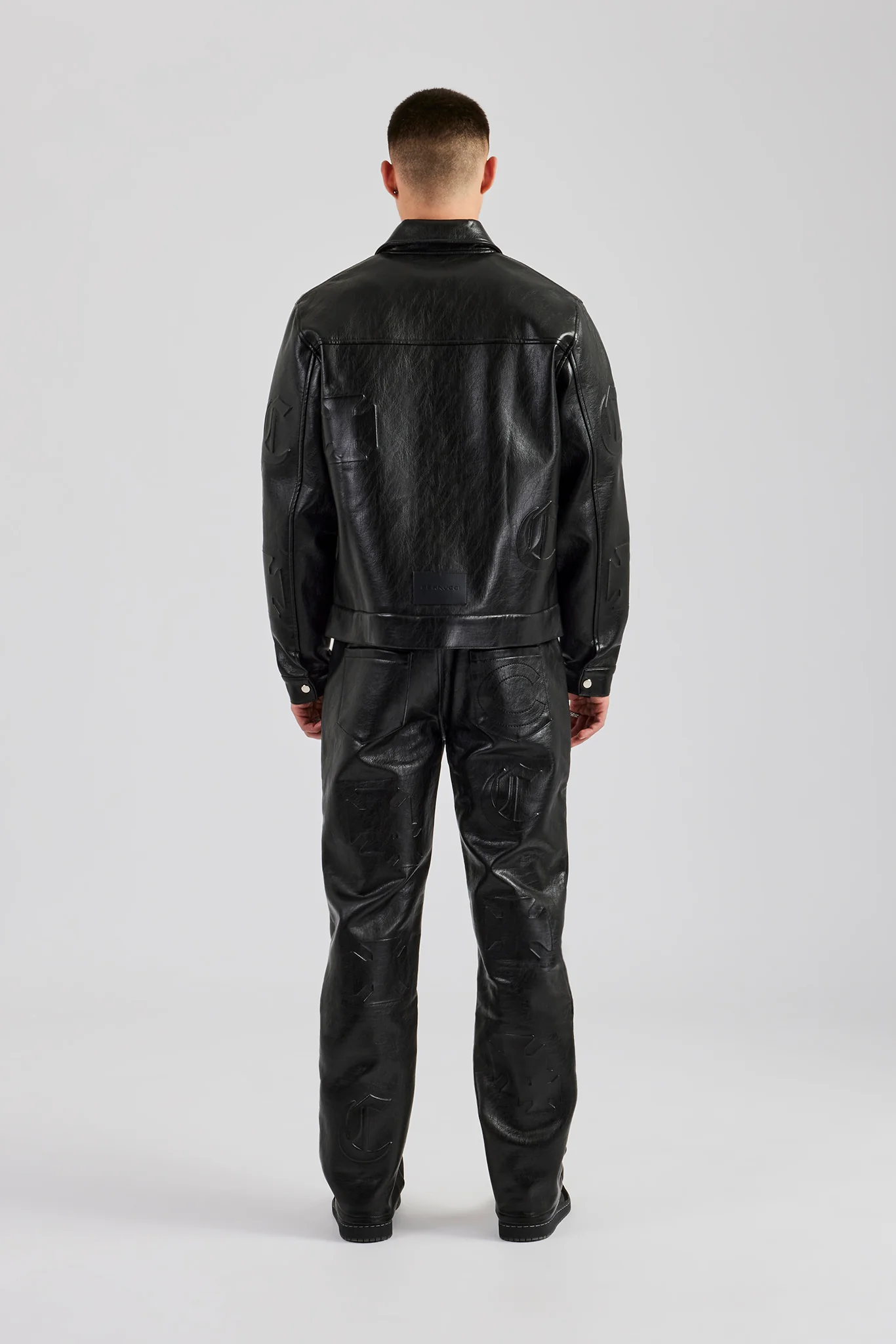 Embossed Motif PU Jacket & Trouser Set - Black - Image 6