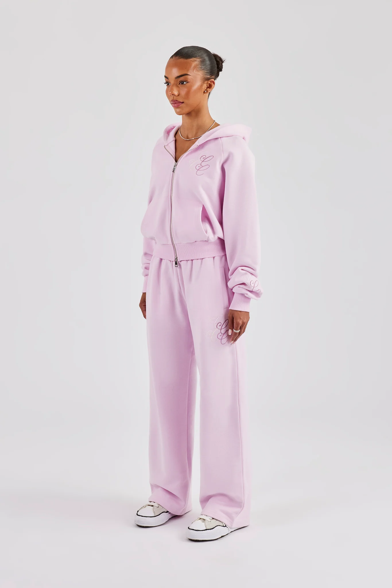 Embroidered Applique Boxy Zip Through Hoodie & Wide Leg Jogger - Pink - Image 2