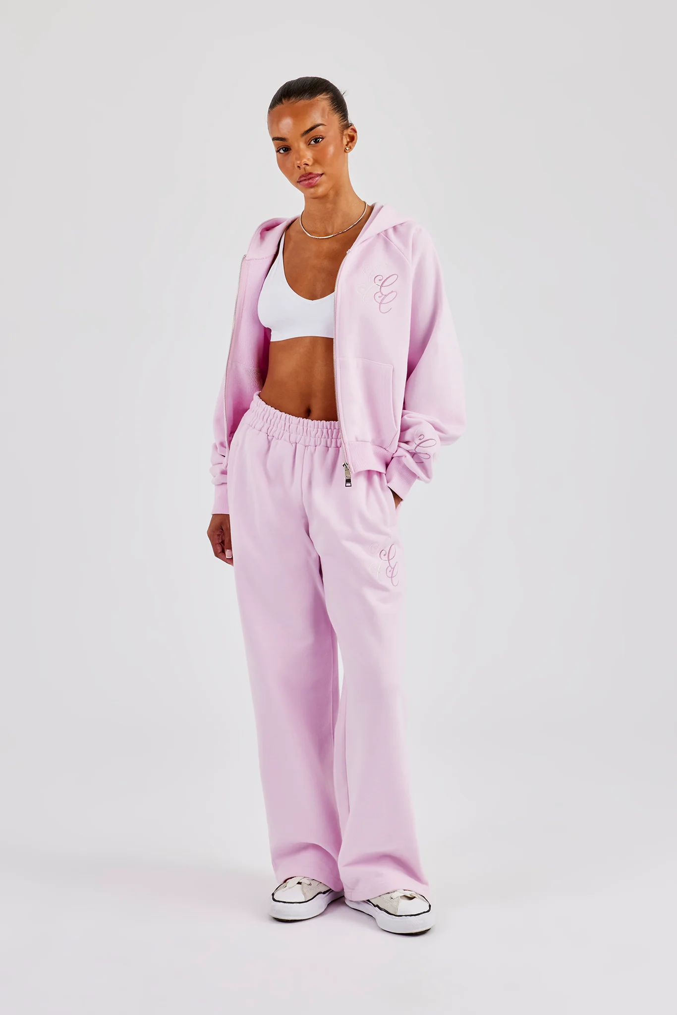 Embroidered Applique Boxy Zip Through Hoodie & Wide Leg Jogger - Pink - Image 4