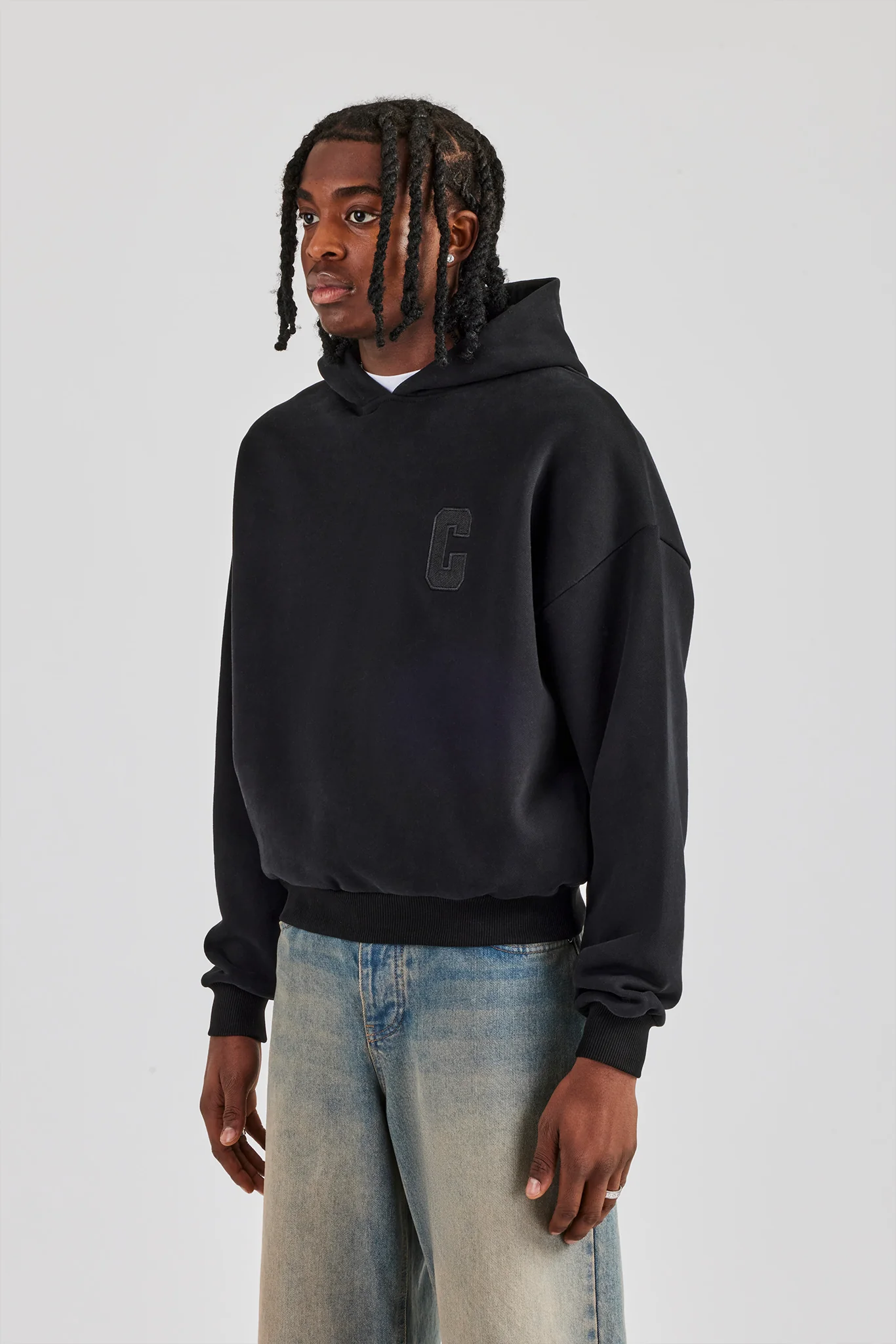 Embroidered C Boxy Hoodie - Black - Image 2