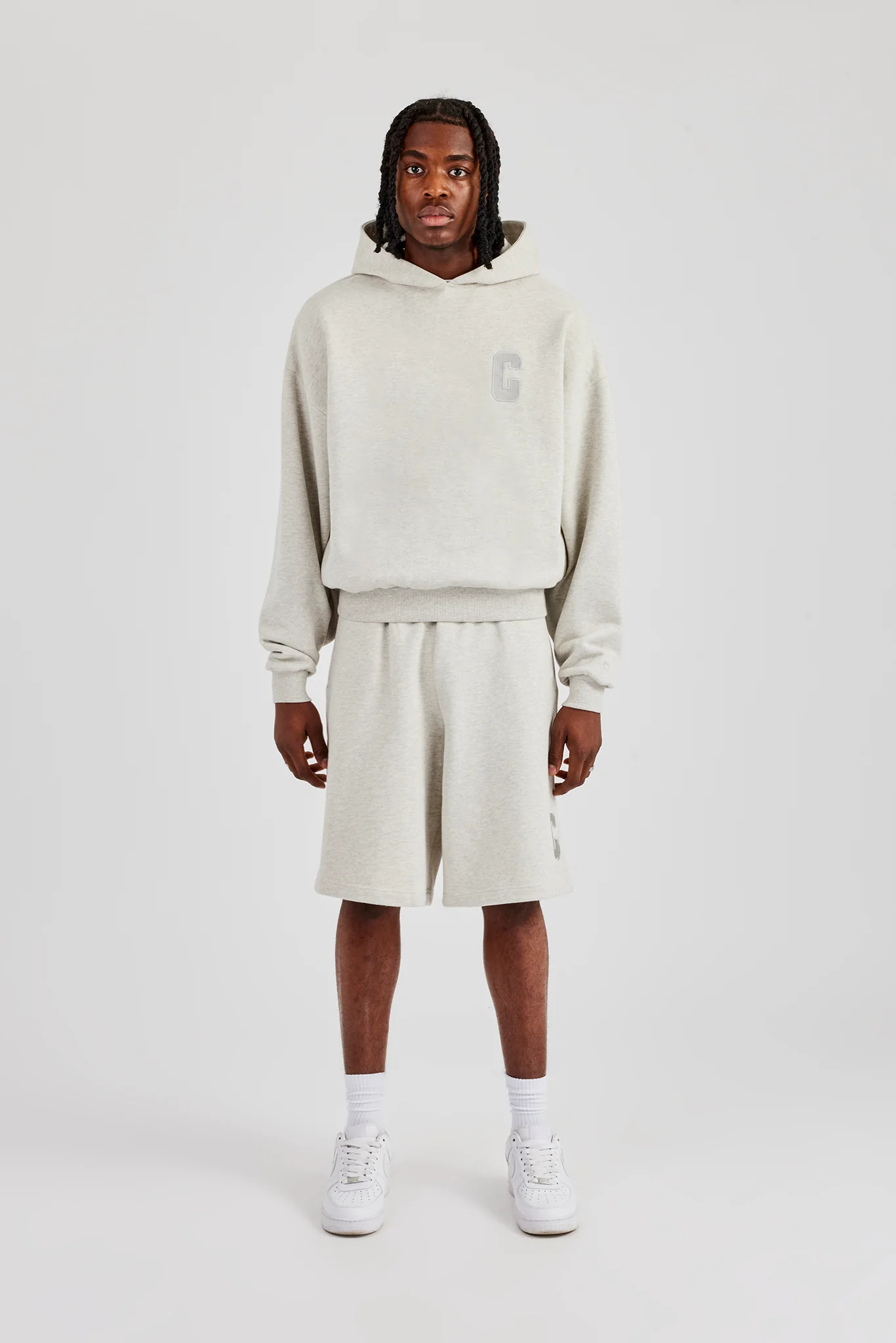 Embroidered C Boxy Hoodie & Short - Ash Grey