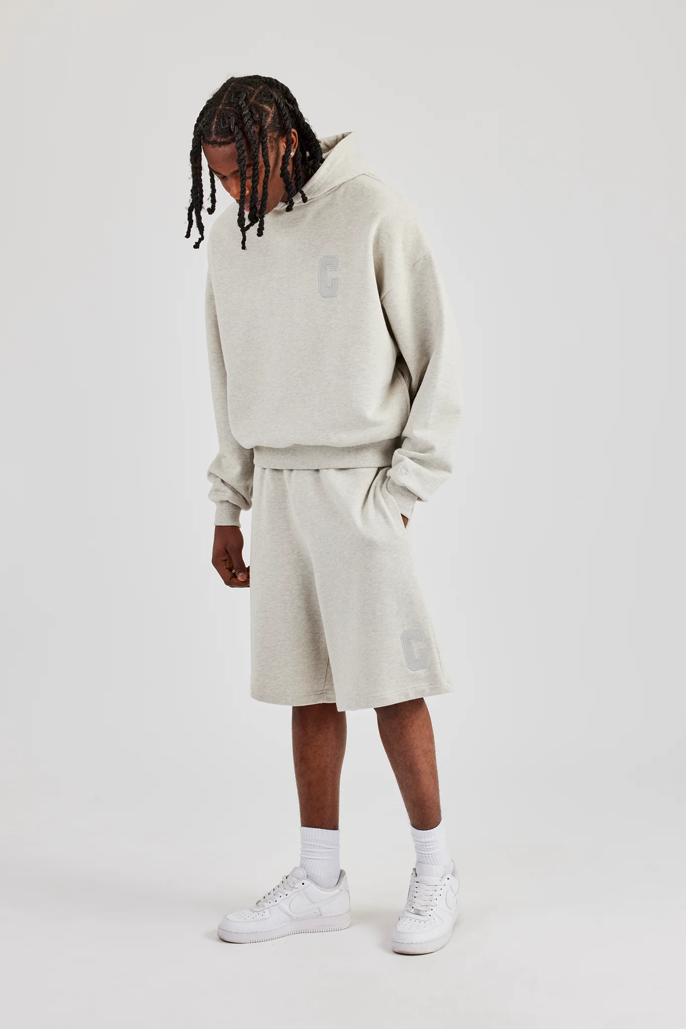 Embroidered C Boxy Hoodie & Short - Ash Grey - Image 5