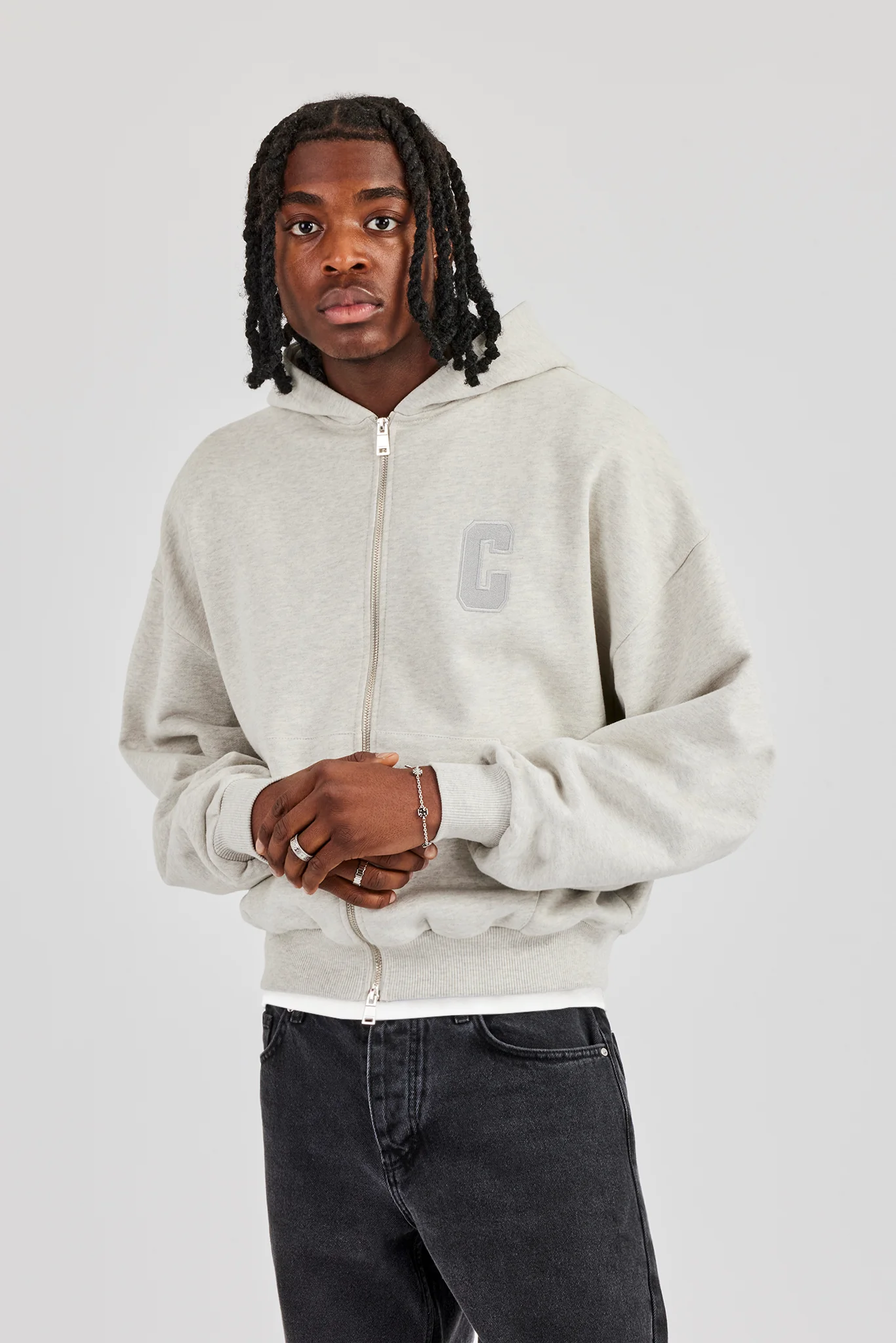 Embroidered C Boxy Zip Through Hoodie - Ash Grey - Image 2