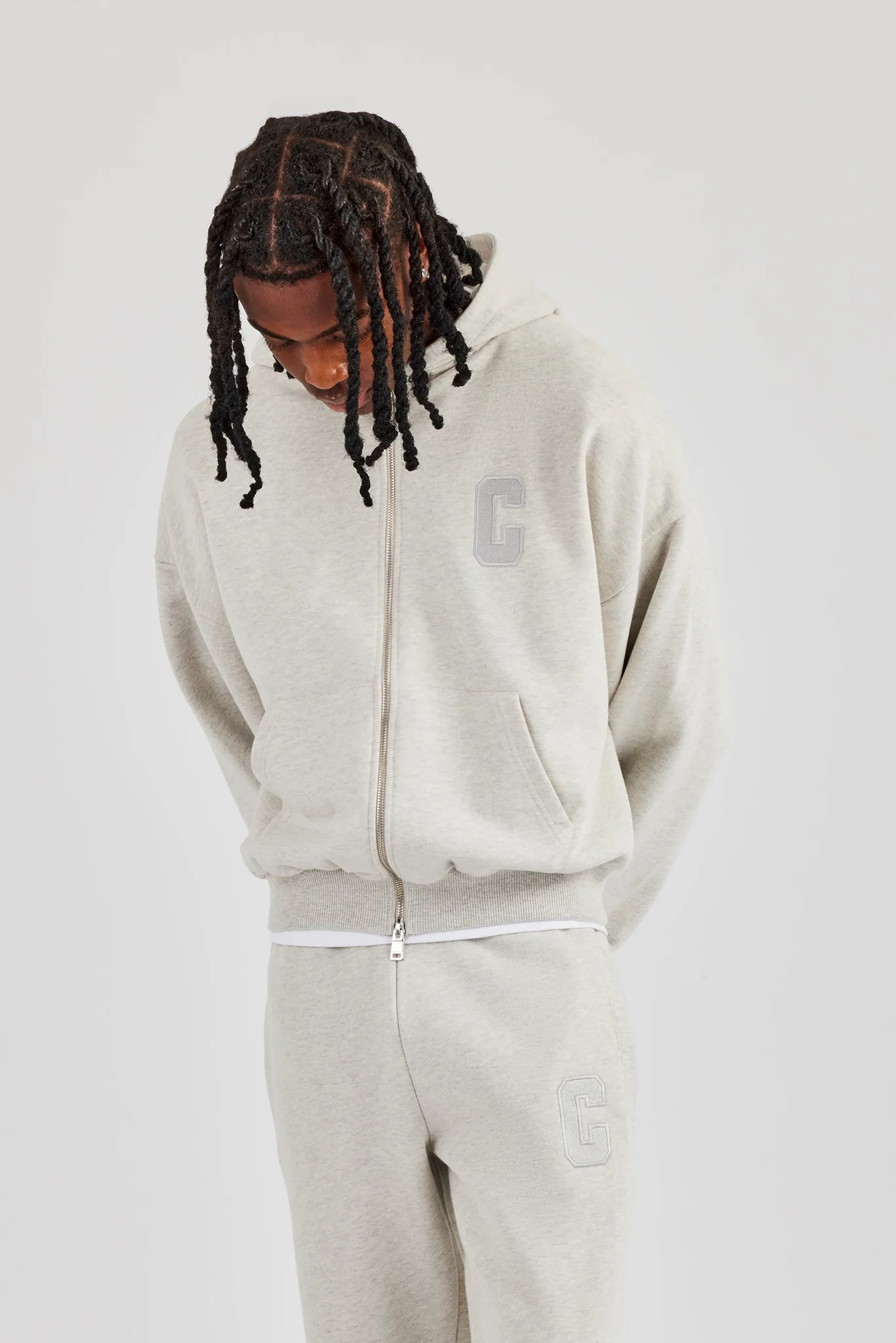 Embroidered C Boxy Zip Through Hoodie - Ash Grey - Image 3