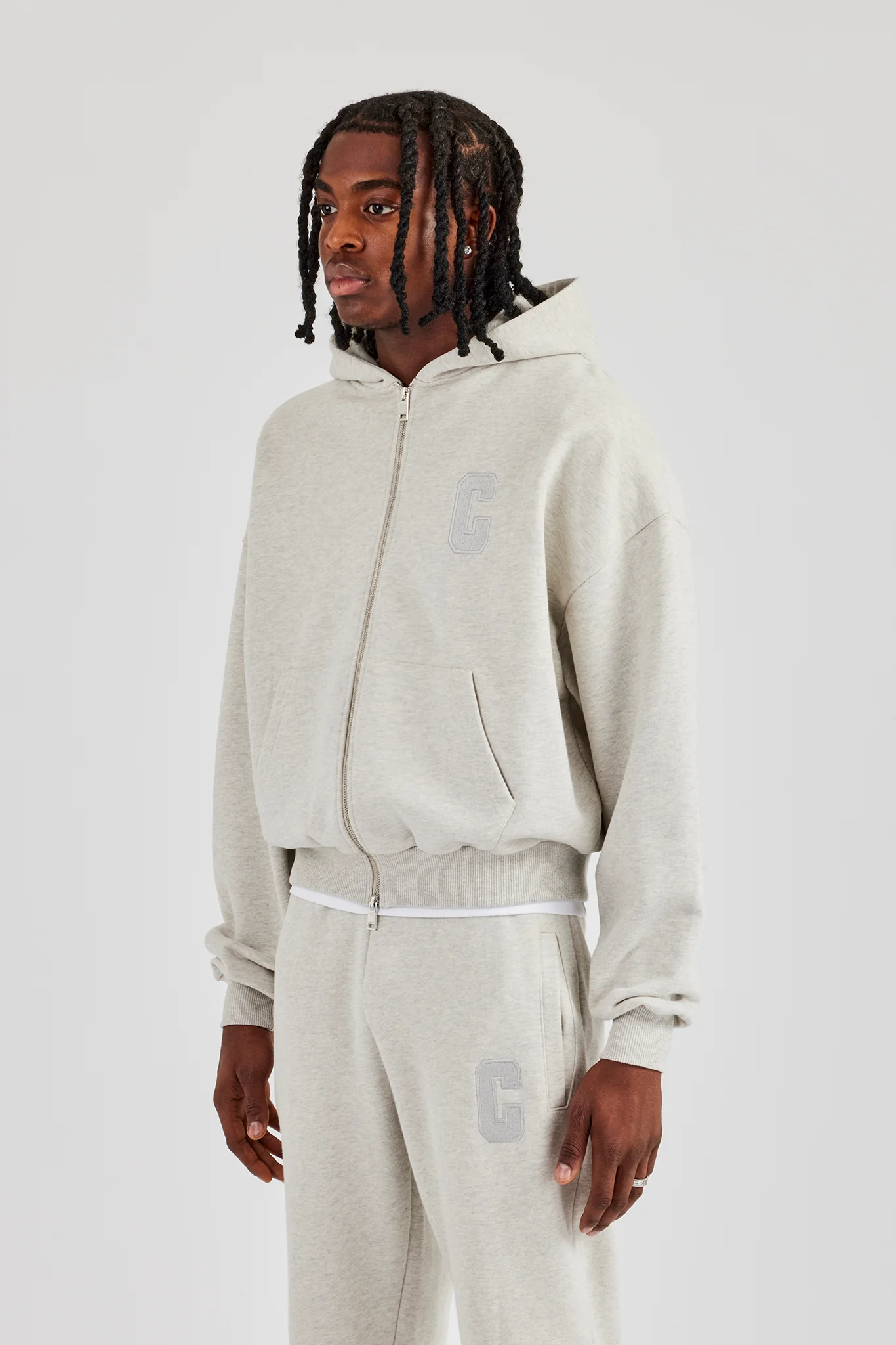 Embroidered C Boxy Zip Through Hoodie - Ash Grey - Image 5
