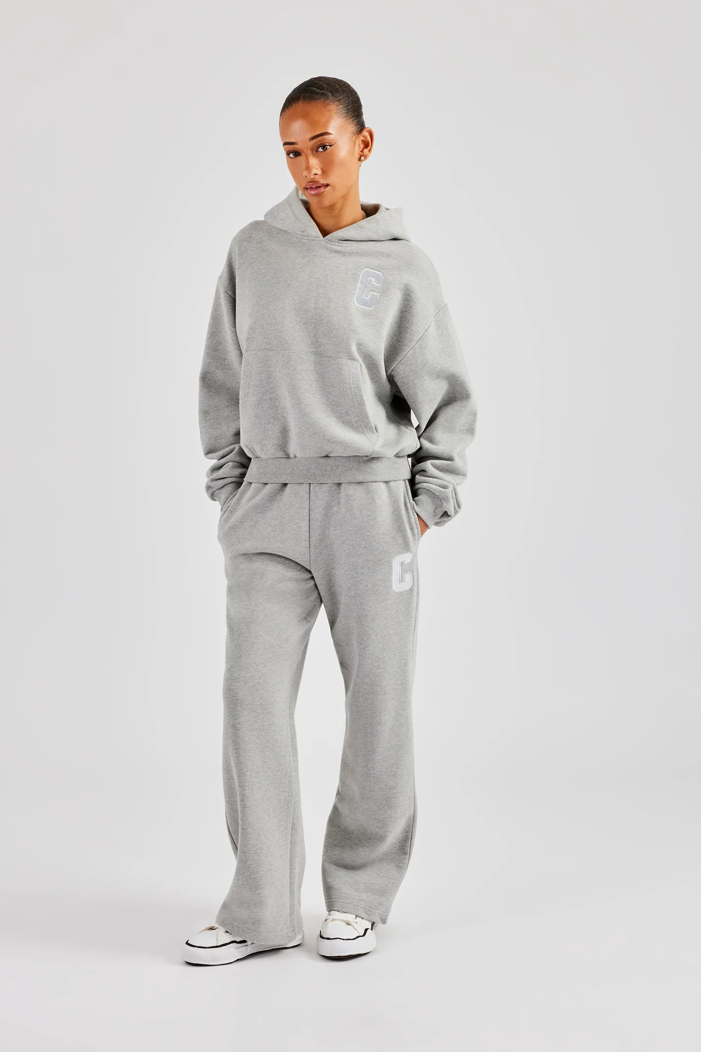 Embroidered C Boxy Hoodie - Grey Marl - Image 2