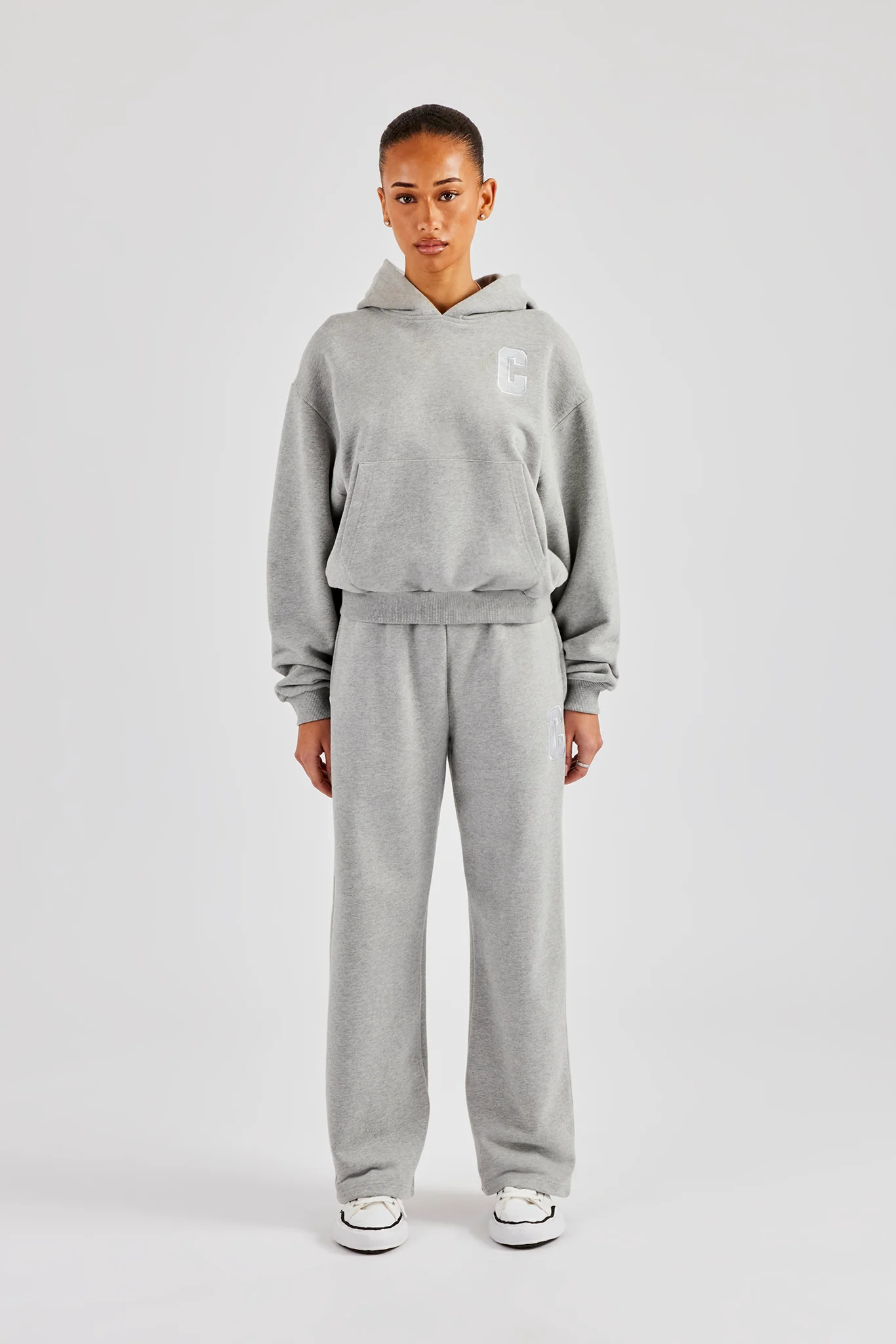 Embroidered C Boxy Hoodie - Grey Marl - Image 4