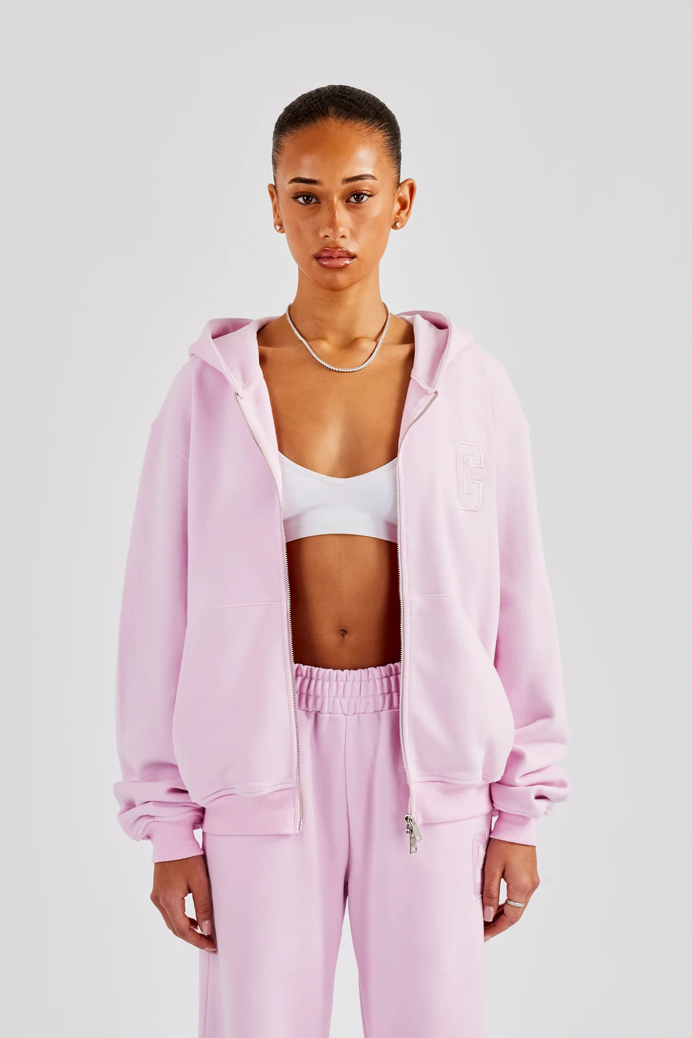 Embroidered C Zip Through Hoodie - Pink - Image 3