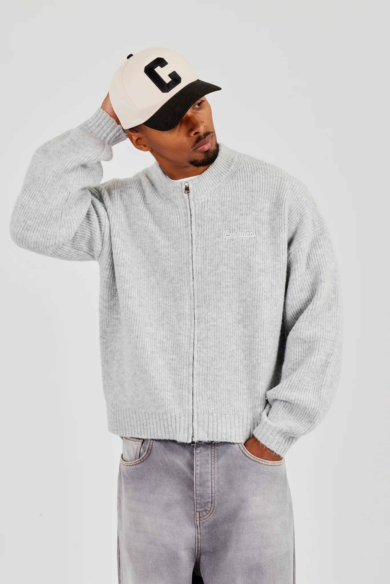 Embroidered Knitted Bomber - Light Grey - Image 2