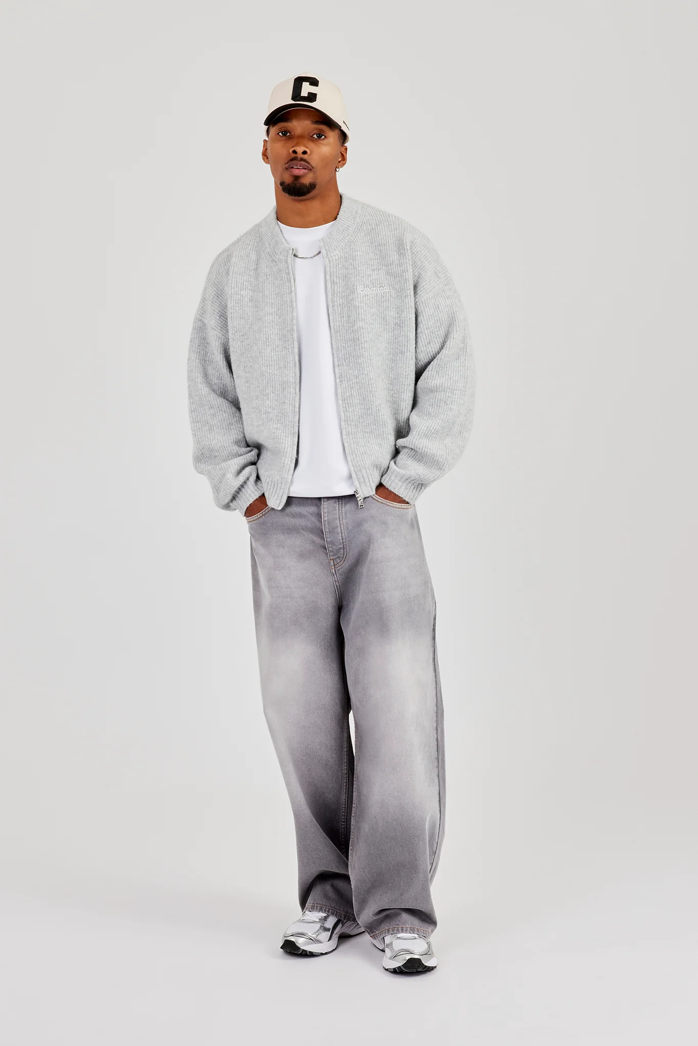 Embroidered Knitted Bomber - Light Grey - Image 5