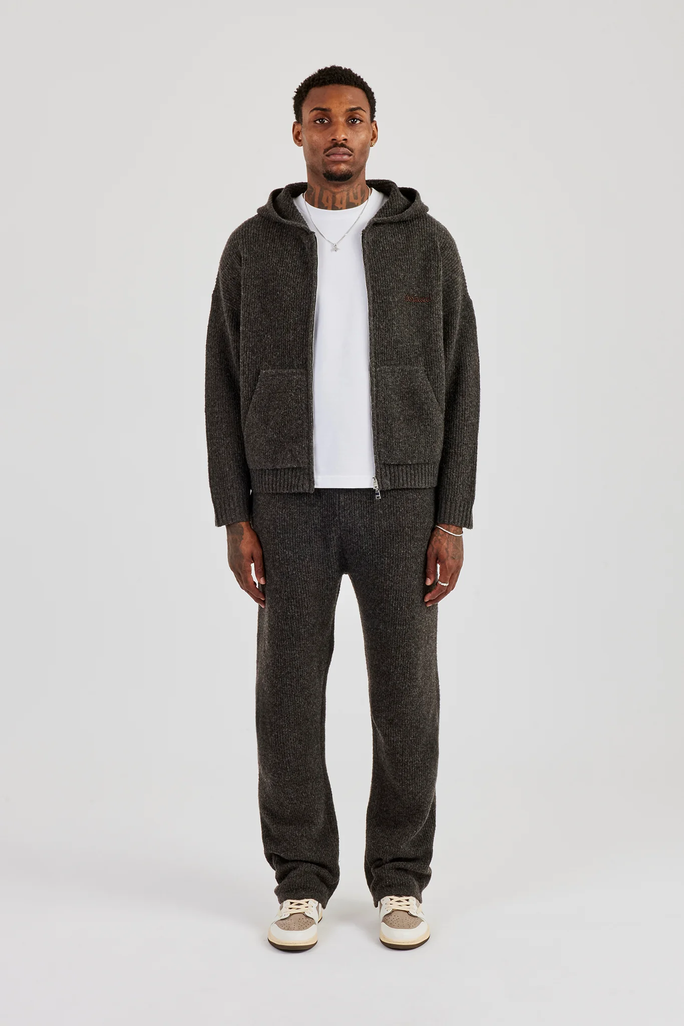 Embroidered Knitted Zip Hoodie & Jogger - Chocolate - Image 2