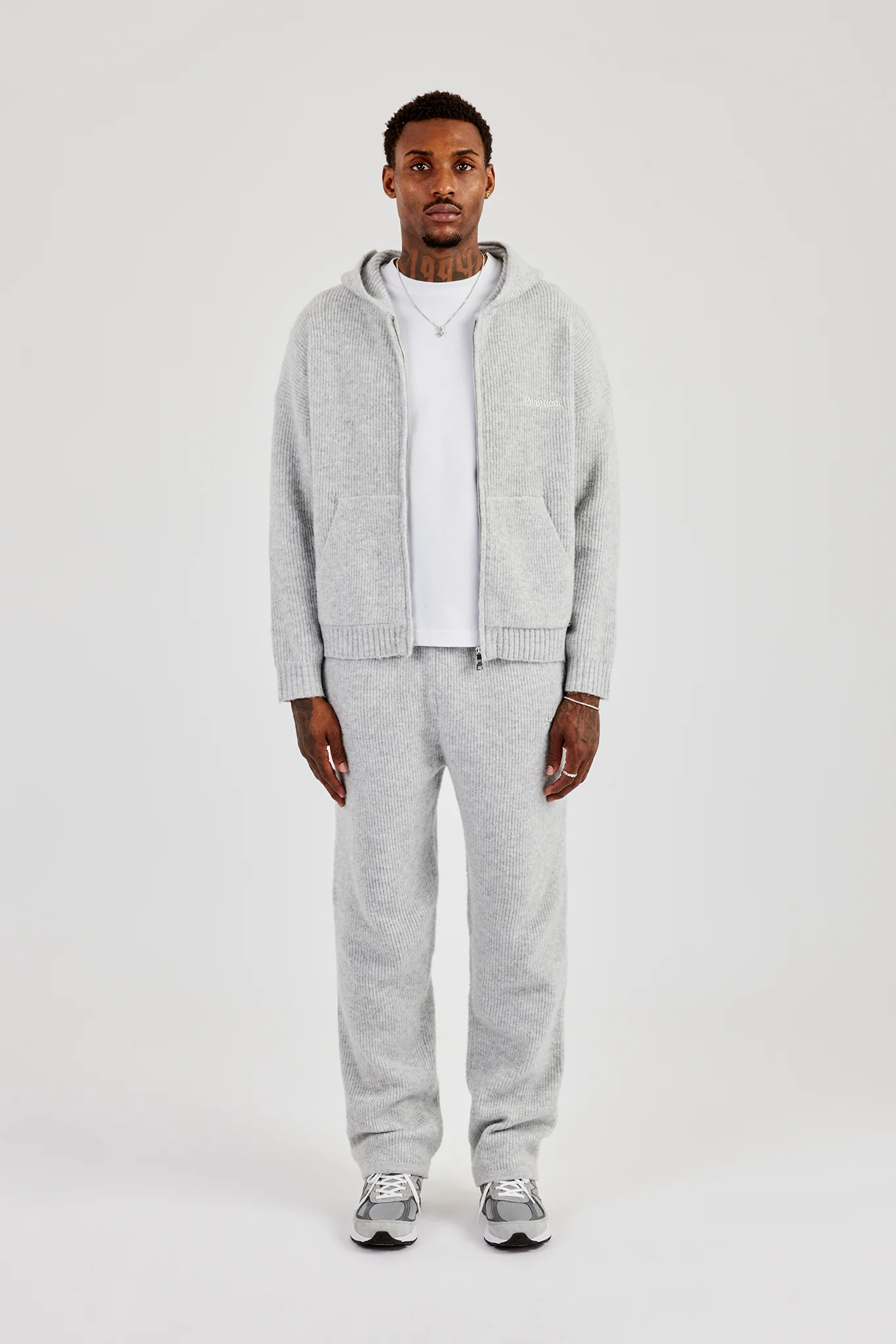 Embroidered Knitted Zip Hoodie & Jogger- Light Grey - Image 2
