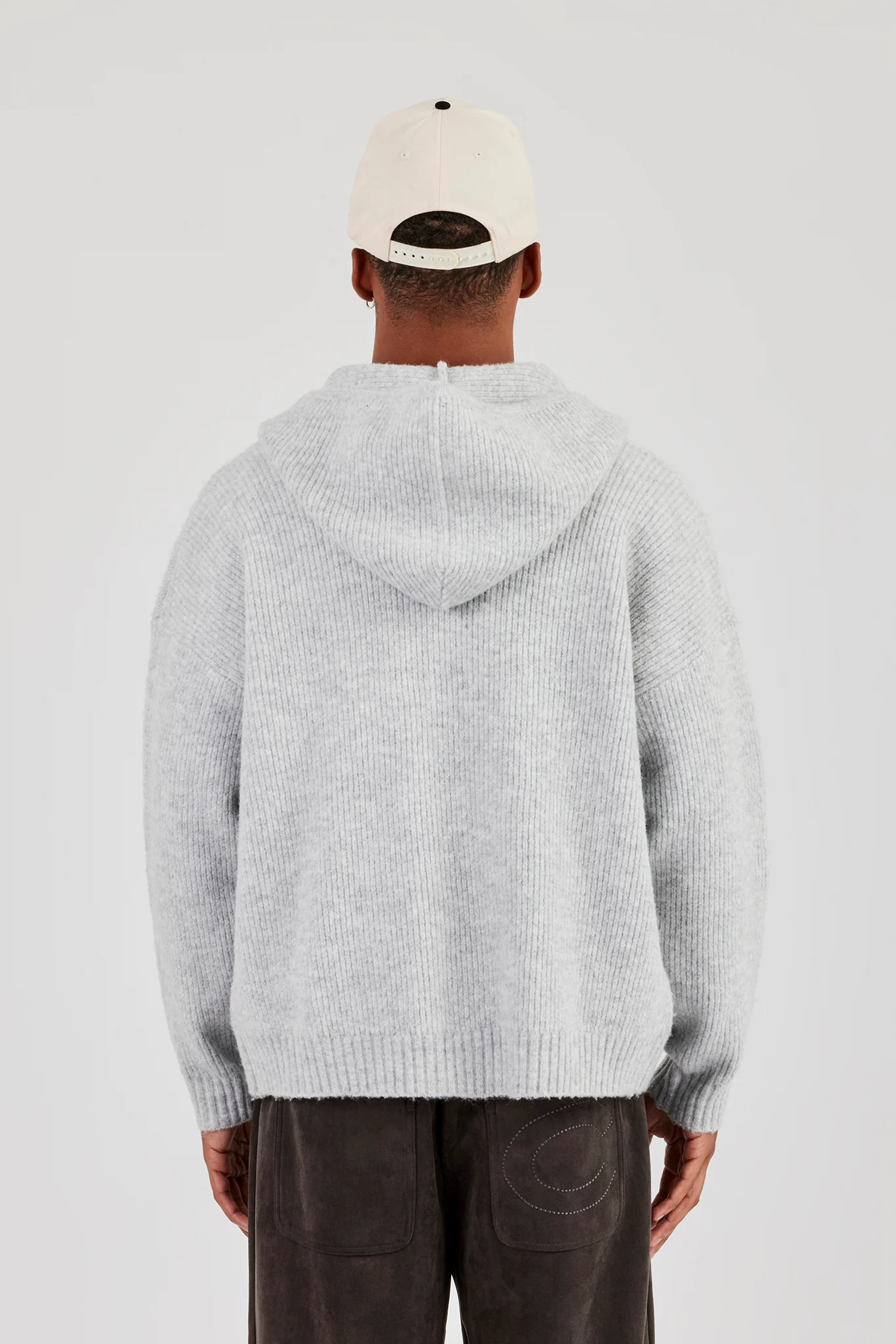 Embroidered Knitted Zip Hoodie - Light Grey - Image 4