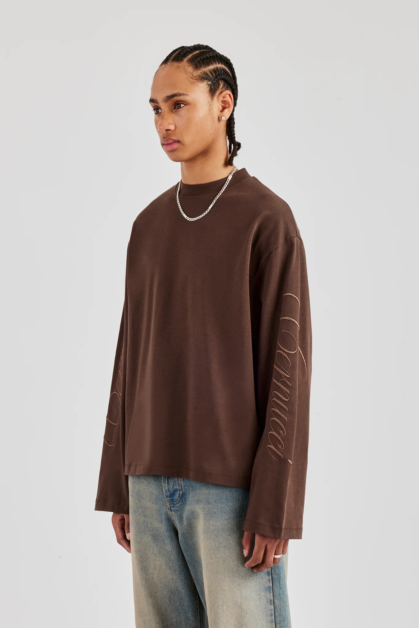 Embroidered Long Sleeve T-Shirt - Chocolate - Image 2