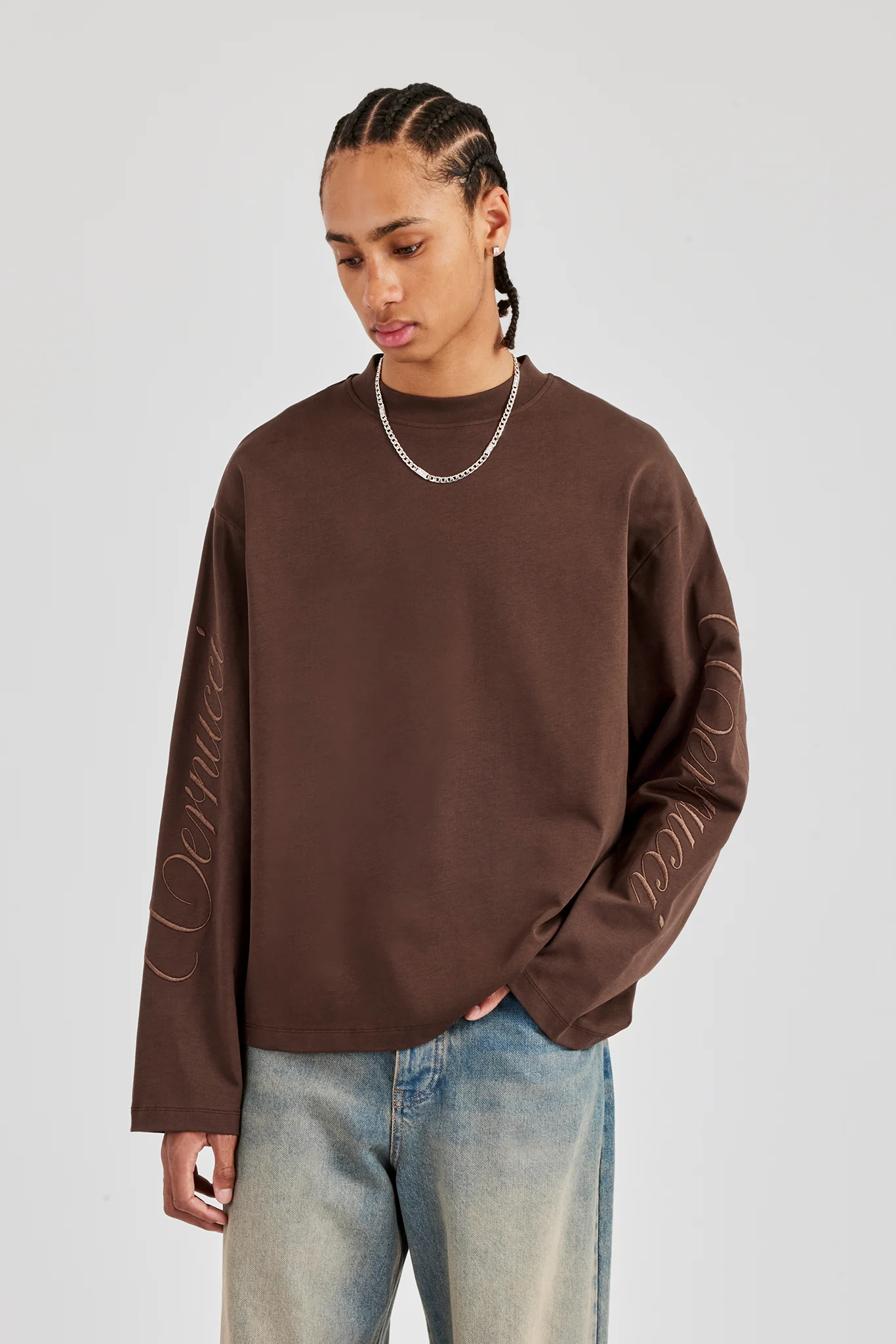 Embroidered Long Sleeve T-Shirt - Chocolate - Image 4