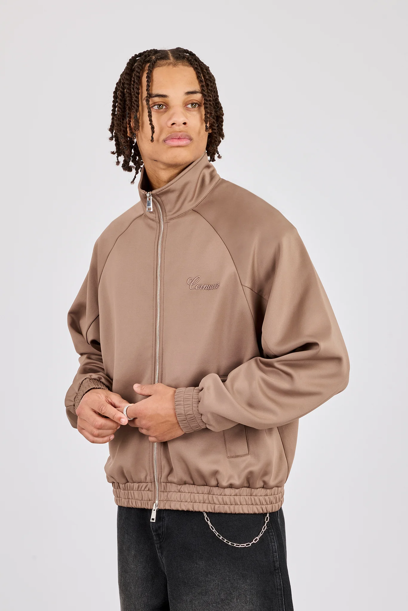 Embroidered Poly Raglan Track Jacket - Taupe - Image 3