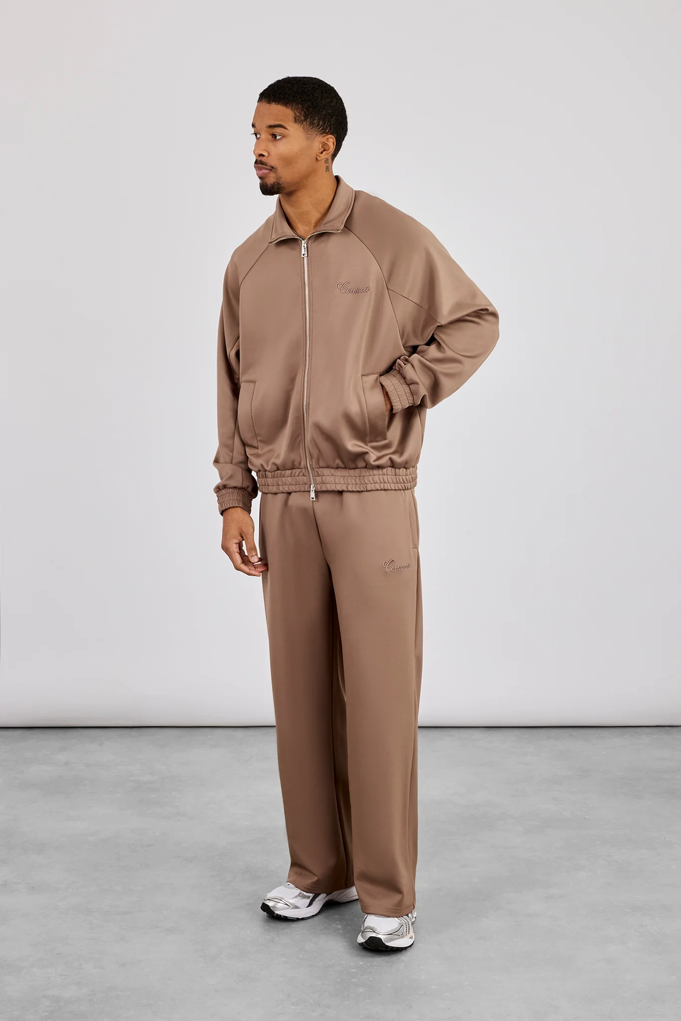 Embroidered Poly Raglan Track Jacket & Track Pant - Taupe