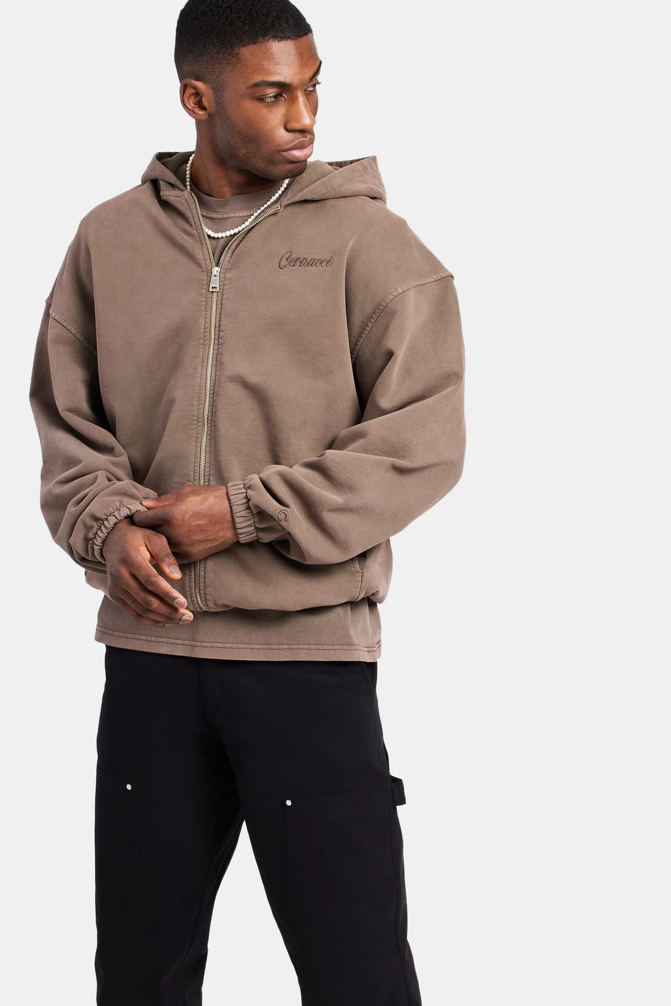Embroidered Zip Through Hoodie - Washed Brown - Image 2