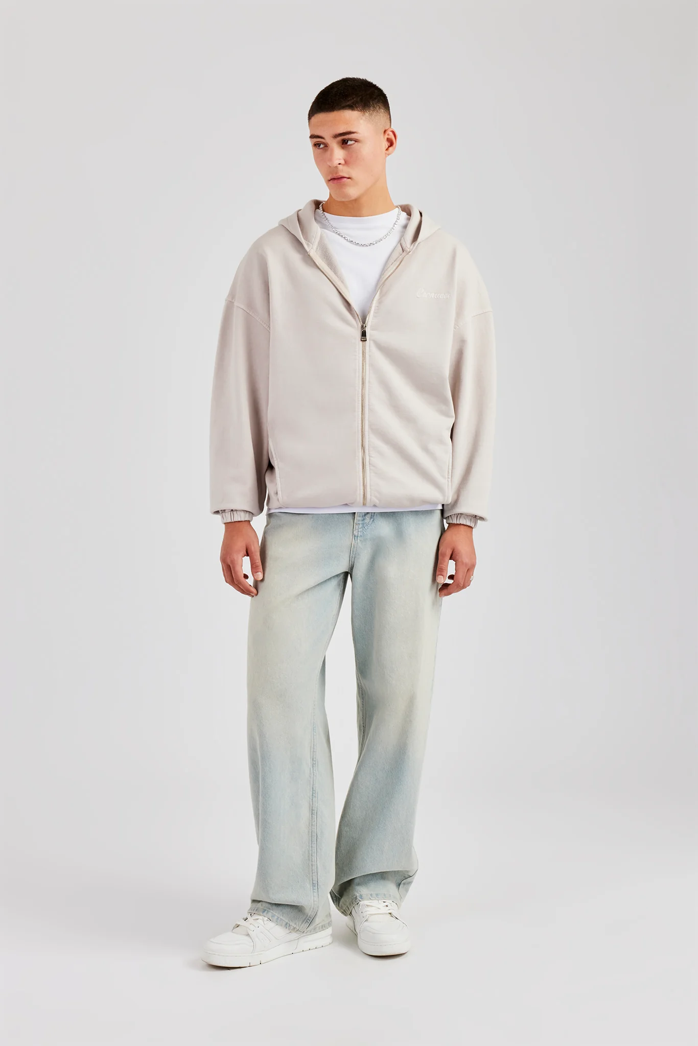 Embroidered Zip Through Hoodie - Washed Stone - Image 3
