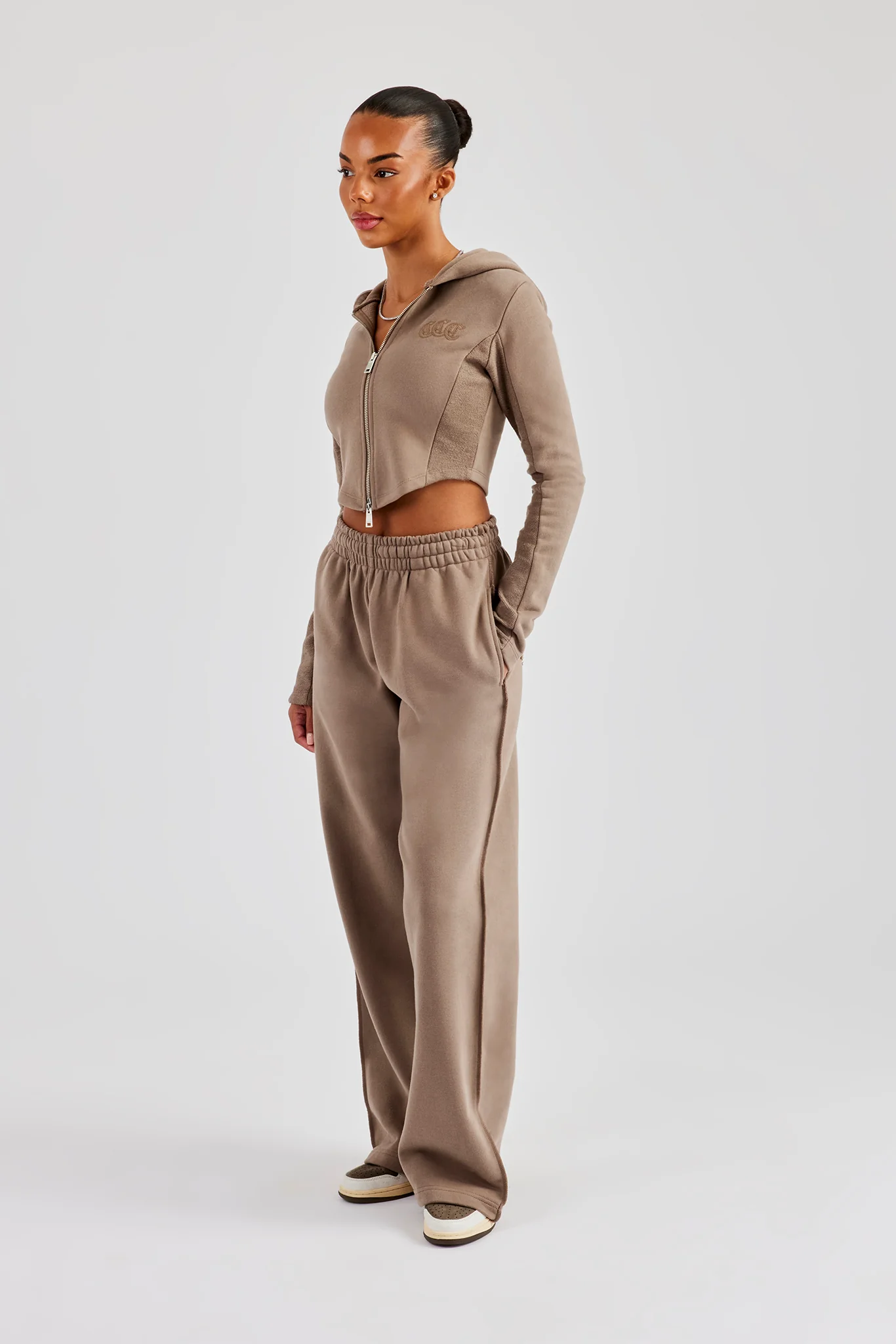 Fitted Reverse Loopback Hoodie & Wide Leg Jogger - Taupe - Image 4